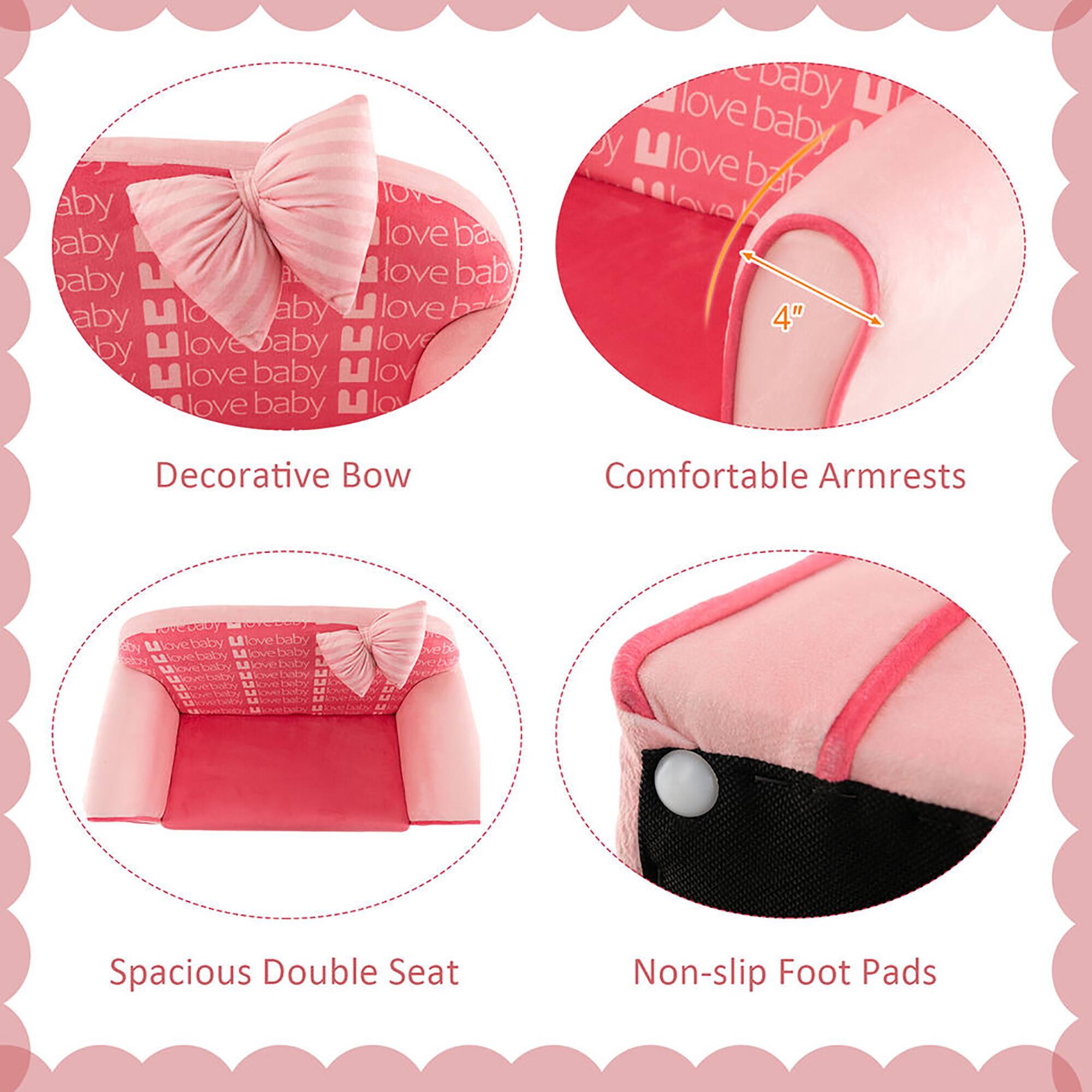 - Decorative Bow
- Comfortable Armrests (4")
- Spacious Double Seat
- Non-slip Foot Pads