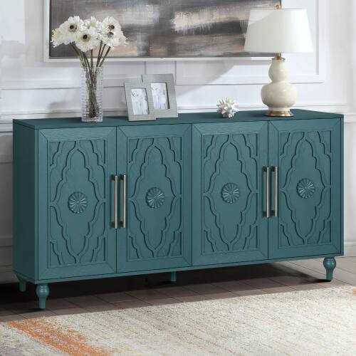 Left. LUCKY ONE - 63in Freestanding Large Storage Cabinet with Carved Flower Doors Metal Handle Adjustable Shelves for Living Room - Navy Blue.