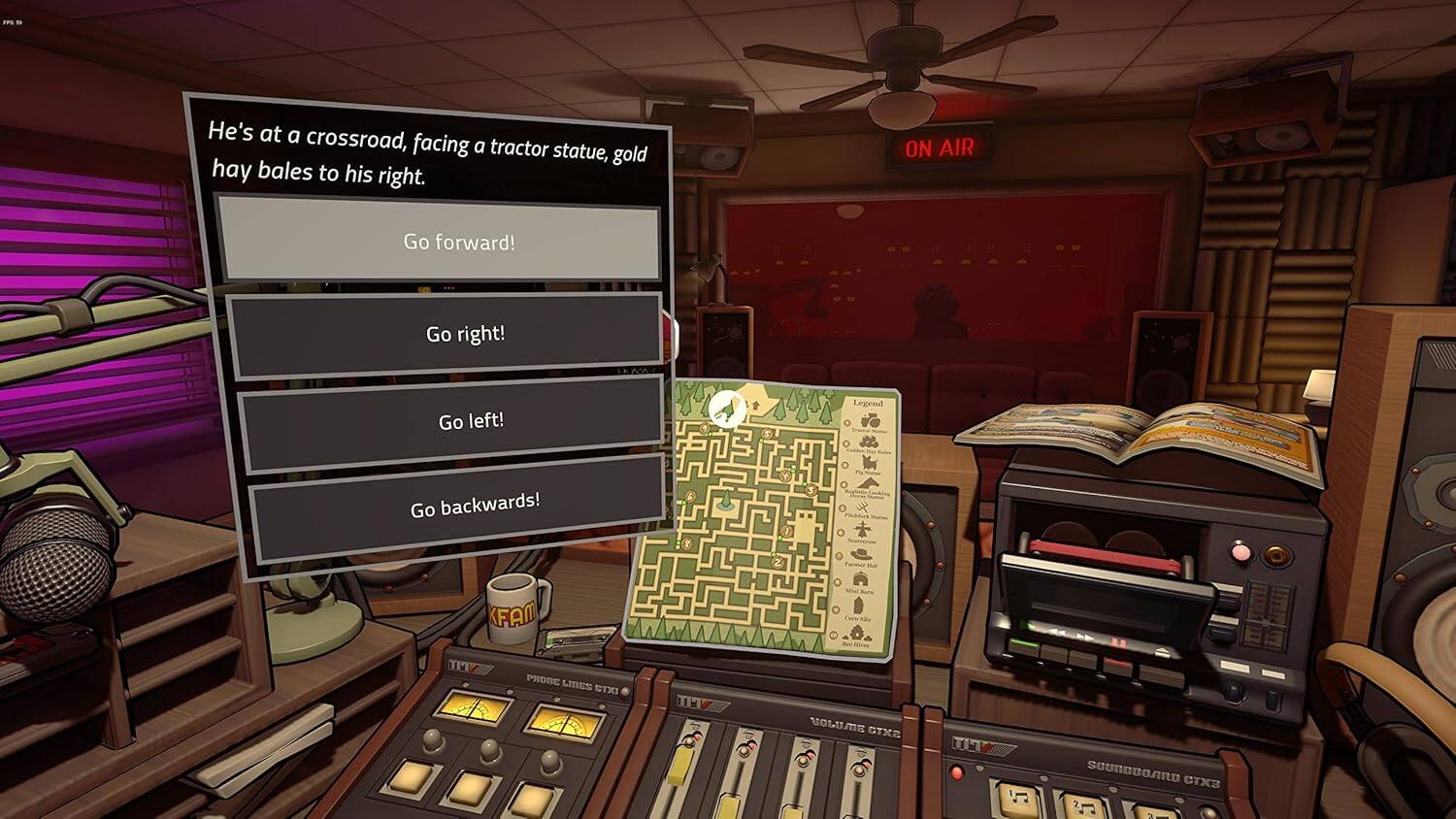 FWS He's at a crossroad, facing a tractor statue, gold hay bales to his right. ON AIR Go forward! Go right! Go left! Go backwards! Legend