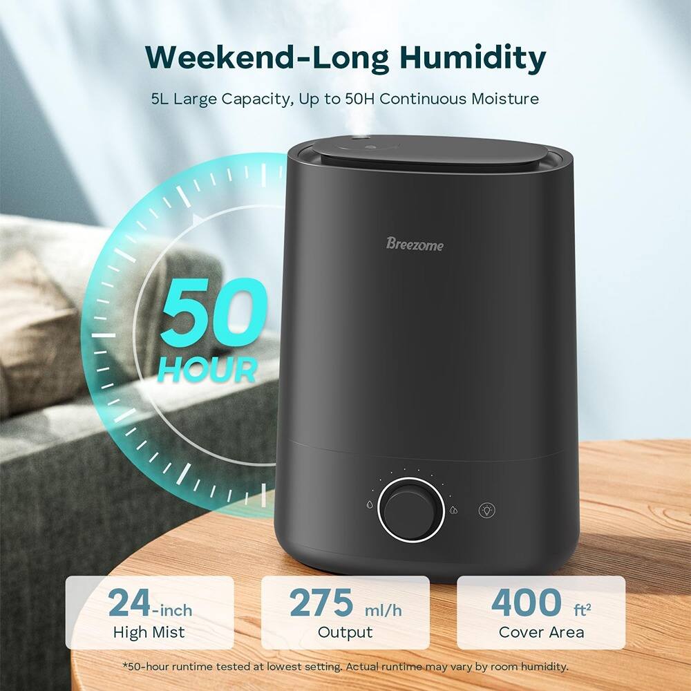 Weekend-Long Humidity  
5L Large Capacity, Up to 50H Continuous Moisture  

50 HOUR  

24-inch High Mist  
275 ml/h Output  
400 ft² Cover Area  

*50-hour runtime tested at lowest setting. Actual runtime may vary by room humidity.