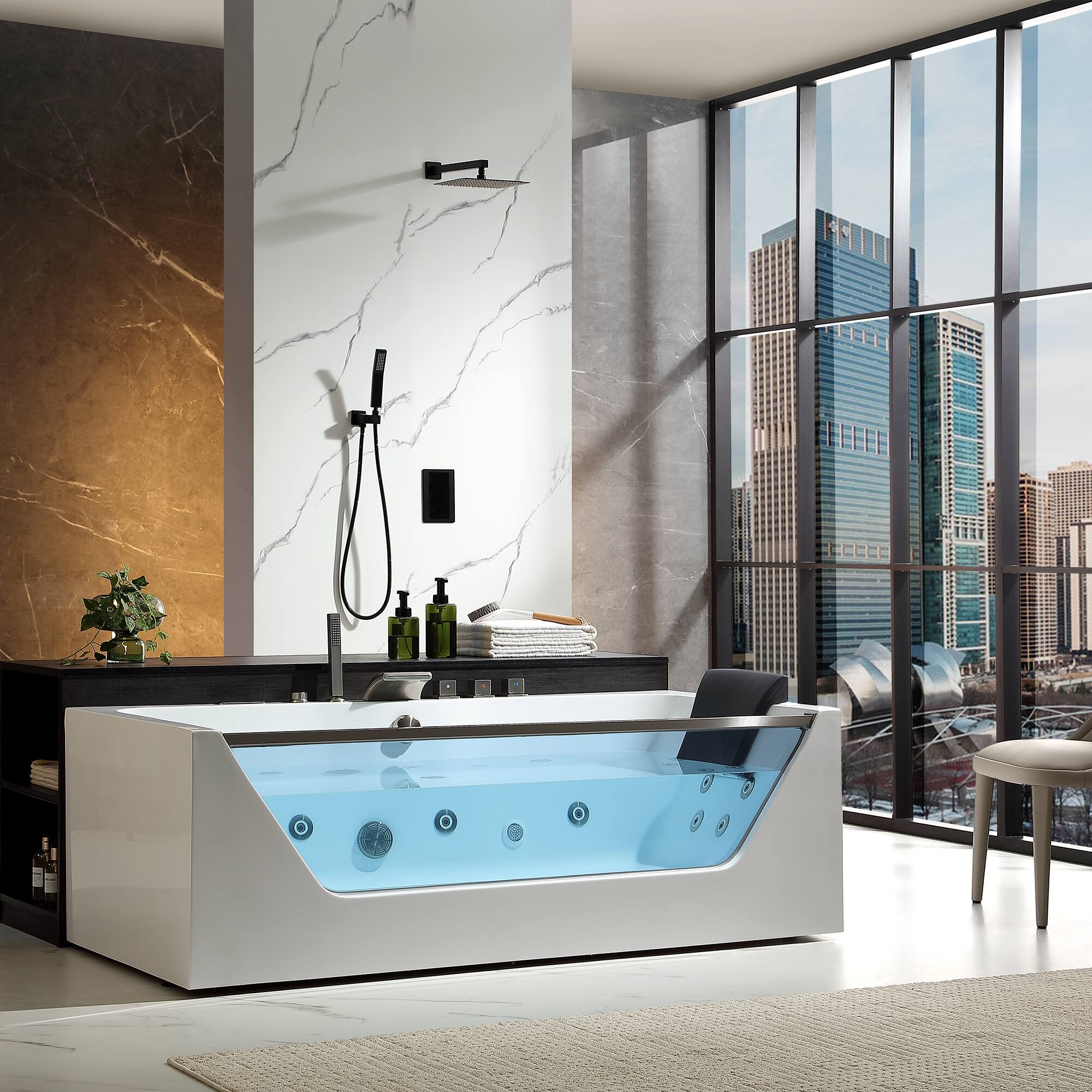 Back. Empava - 71 in. x 30 in. Whirlpool Bathtub Rectangular Jetted SPA Bath Tub with Center Drain-Brushed Nickel Tub filler in White - White.