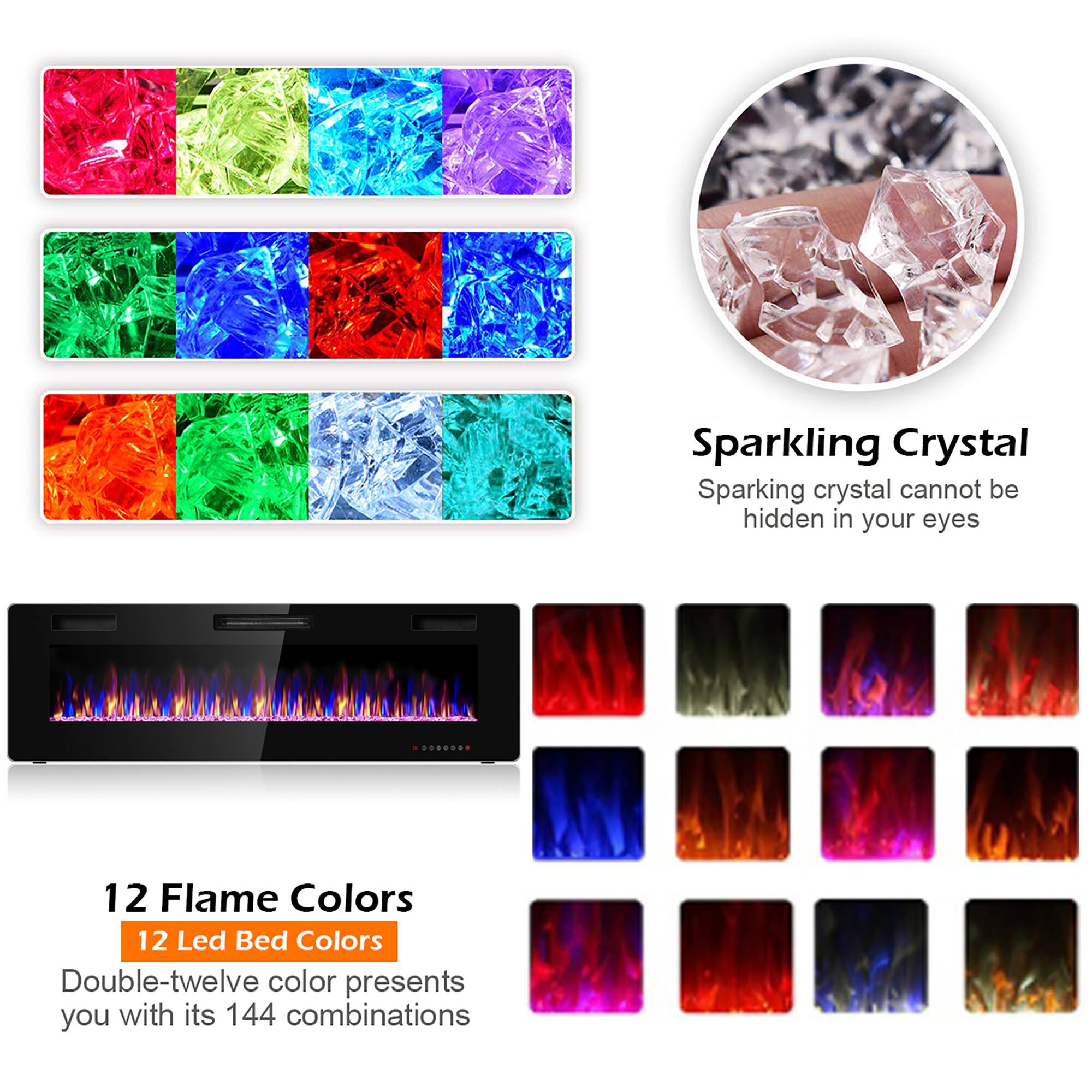 Sparkling Crystal  
Sparkling crystal cannot be hidden in your eyes

12 Flame Colors  
12 Led Bed Colors  
Double-twelve color presents you with its 144 combinations