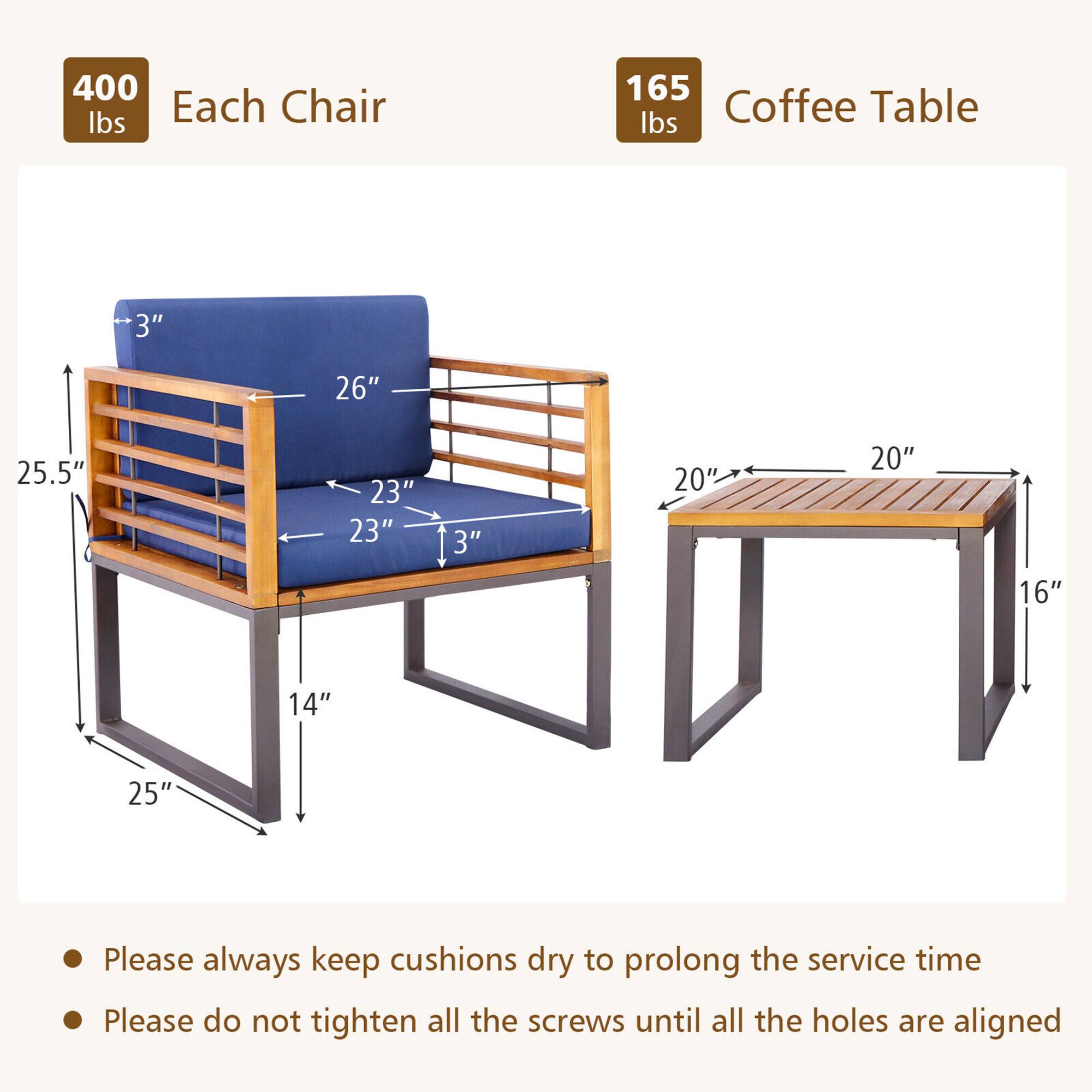 400 lbs Each Chair  
165 lbs Coffee Table  

Each Chair:  
- 25.5"  
- 26"  
- 23"  
- 23"  
- 3"  
- 14"  
- 25"  

Coffee Table:  
- 20"  
- 20"  
- 16"  

Please always keep cushions dry to prolong the service time.  
Please do not tighten all the screws until all the holes are aligned.
