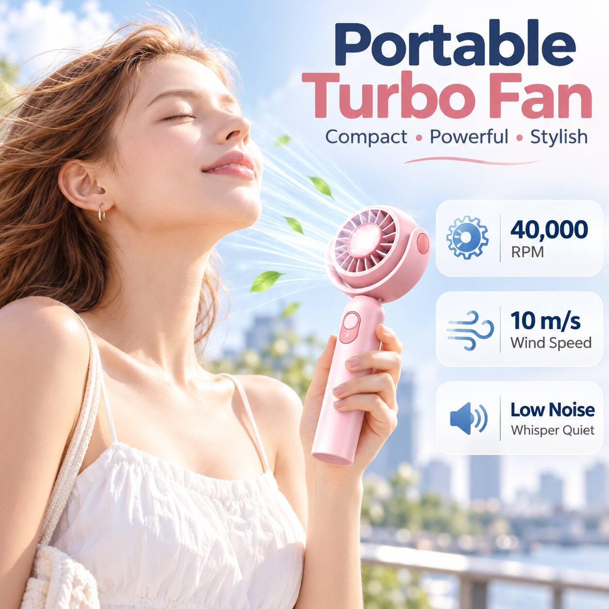 Portable Turbo Fan  
Compact • Powerful • Stylish  
40,000 RPM  
10 m/s Wind Speed  
Low Noise Whisper Quiet