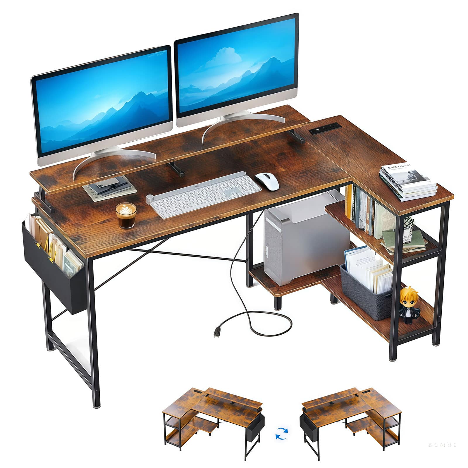 GOODSILO - 47"" Gaming Desk L Shaped Computer Desk with Monitor Stand & Storage Shelves Corner Home Office Desk - Black+Brown