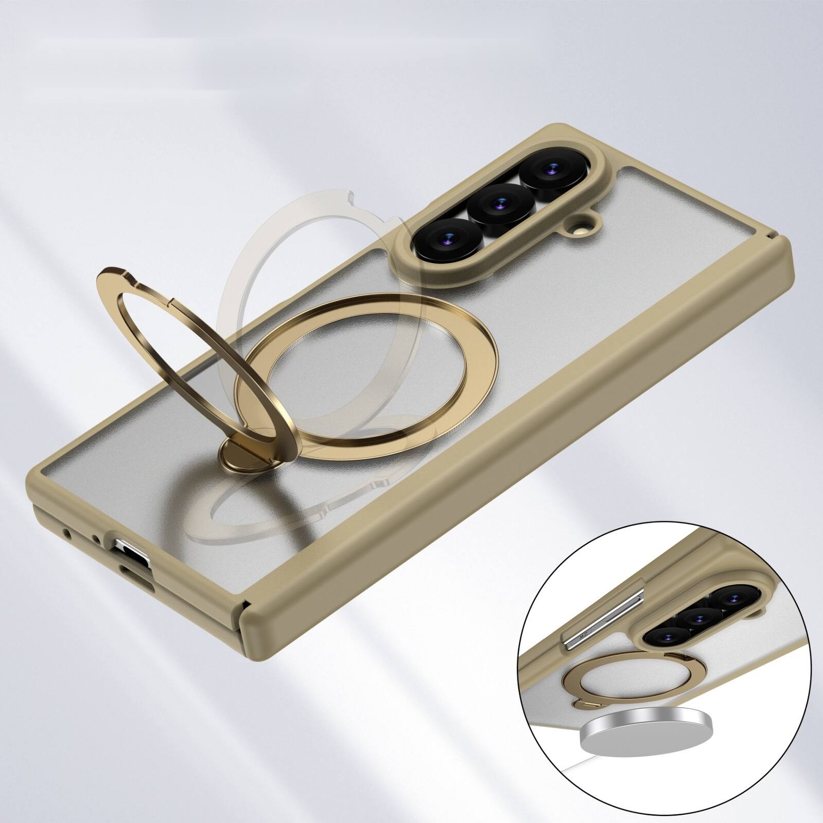Alt View 1. Dteck - For Samsung Galaxy Z Fold8 Ultra Magnetic Case Built-in Screen Protector,Shockproof Ring Stand Clear Back Hinge Cover - Gold.