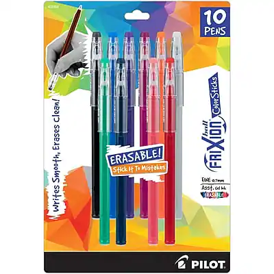 Sure, here is the corrected and grouped text from the image:
---
**Front of the Package:**
- **Top Left Corner:** 32454
- **Top Right Corner:** 10 PENS
- **Main Text:** ERASABLE! Stick It To Mistakes
- **Subtext:** writes smooth, erases clean!
- **Bottom Right Corner:** PILOT
**Left Side of the Package:**
- **Text:** writes smooth, erases clean!
- **Text:** Stick It To Mistakes
**Right Side of the Package:**
- **Text:** FRIXION COLOR
- **Text:** erases clean!
- **Text:** 0.7mm
- **Text:** 10 colors
- **Text:** 10 pens
**Bottom of the Package:**
- **Logo:** PILOT
---
This should cover all the text elements from the image.