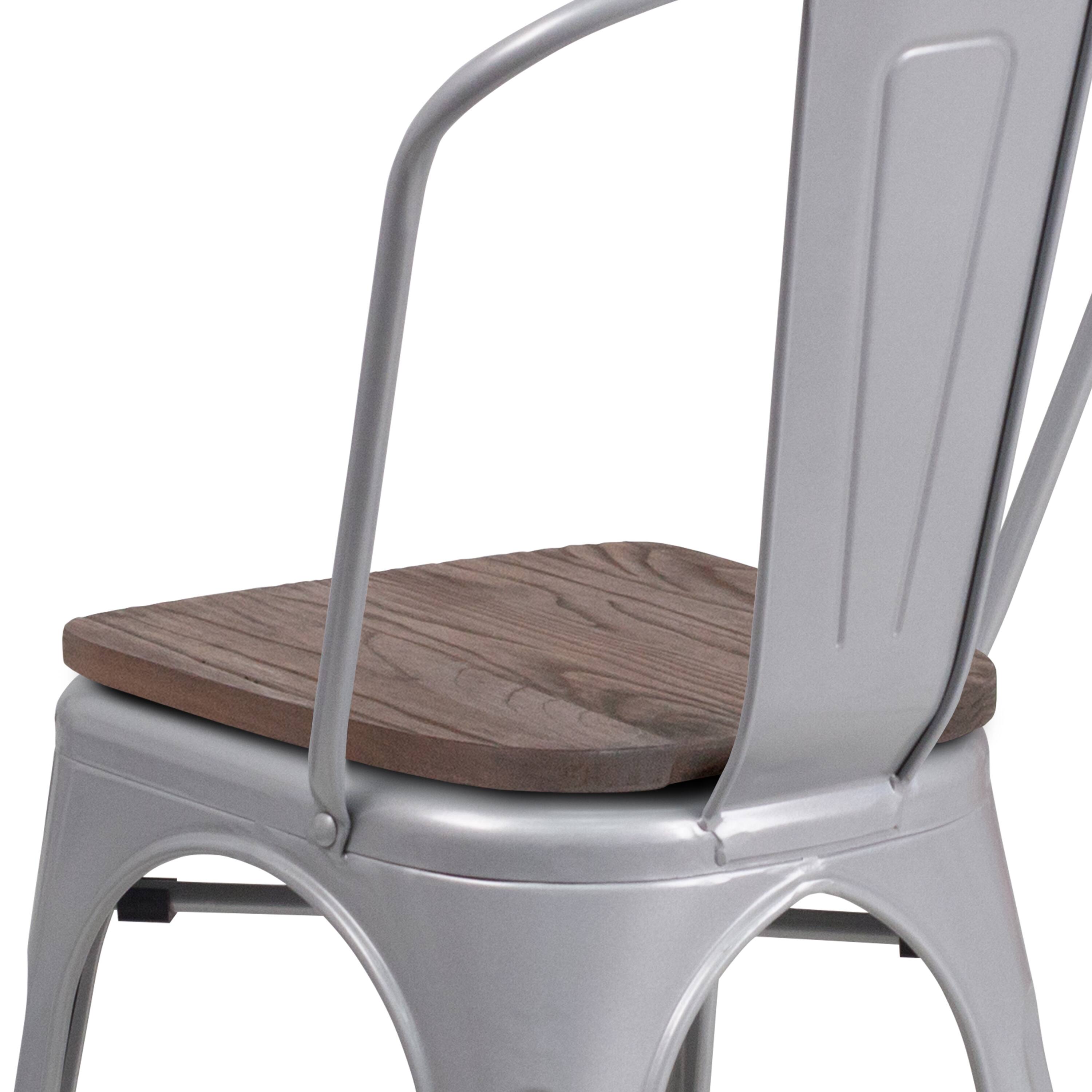 Alt View 9. Emma + Oliver - Colorful Metal Stackable Dining Chair with Wood Seat - Silver.