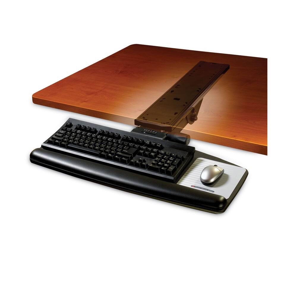 Left. 3M - 3M MMMAKT90LE Easy Adjust Keyboard Tray, Standard Platform, 23" Track, Black - Black.