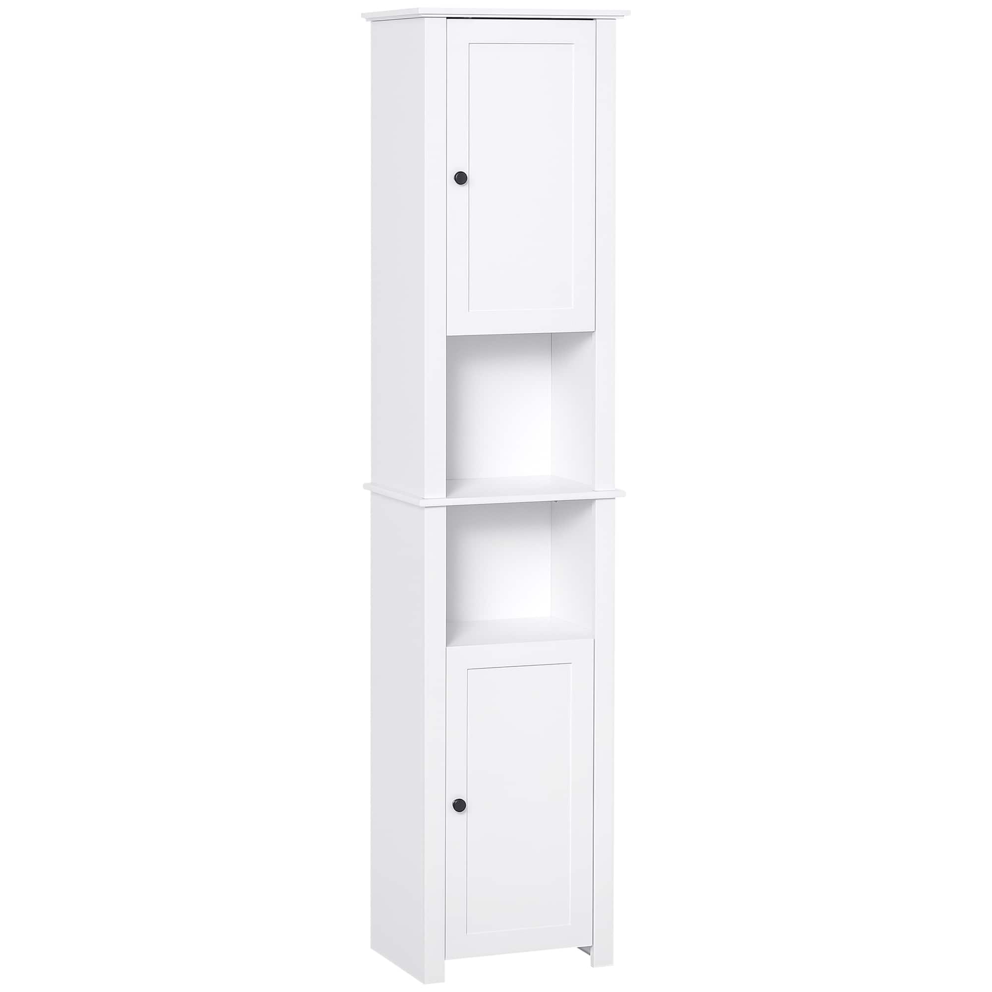 Homcom - Tall Bathroom Storage Cabinet, Freestanding Linen Tower with 2-Tier Shelf and 2 Cabinets, Narrow Side Floor Organizer - White