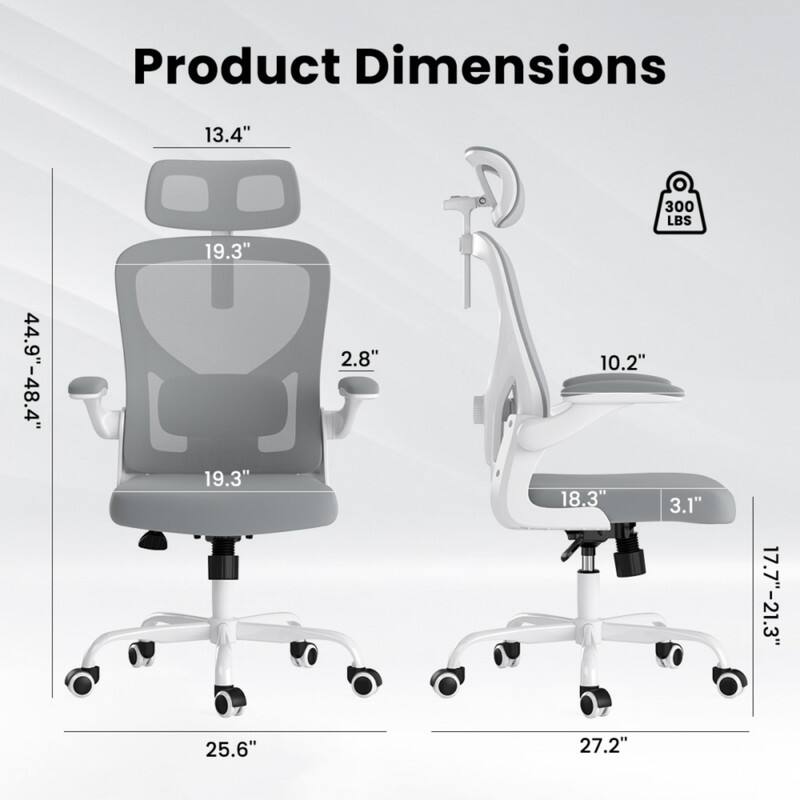 Product Dimensions:  
- Height: 44.9" - 48.4"  
- Seat Height: 13.4"  
- Seat Width: 19.3"  
- Seat Depth: 19.3"  
- Back Height: 2.8"  
- Armrest Height: 10.2"  
- Armrest Width: 18.3"  
- Armrest Depth: 3.1"  
- Base Width: 25.6" (left) / 27.2" (right)  
- Weight Capacity: 300 LBS