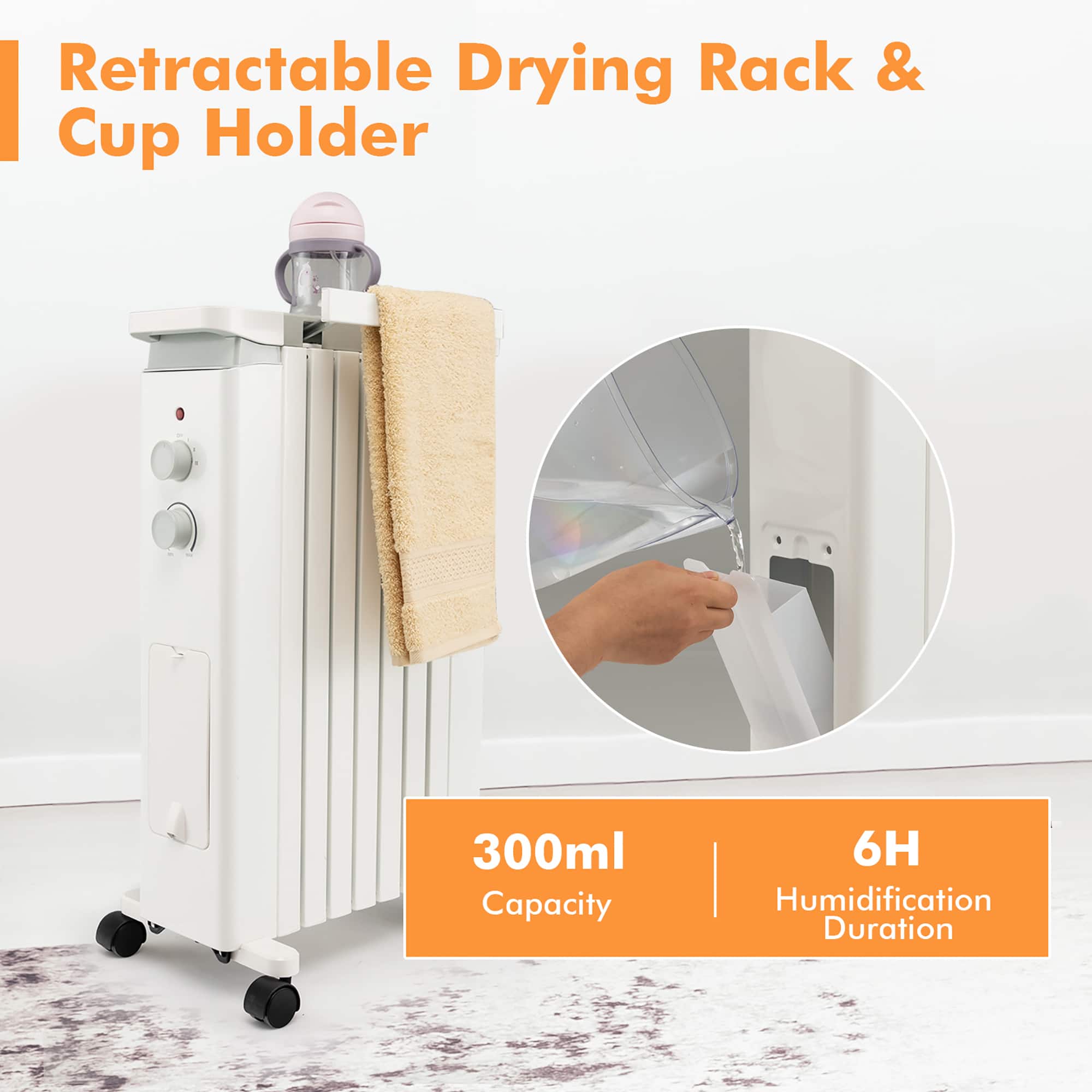 Retractable Drying Rack & Cup Holder
300ml Capacity
6H Humidification Duration