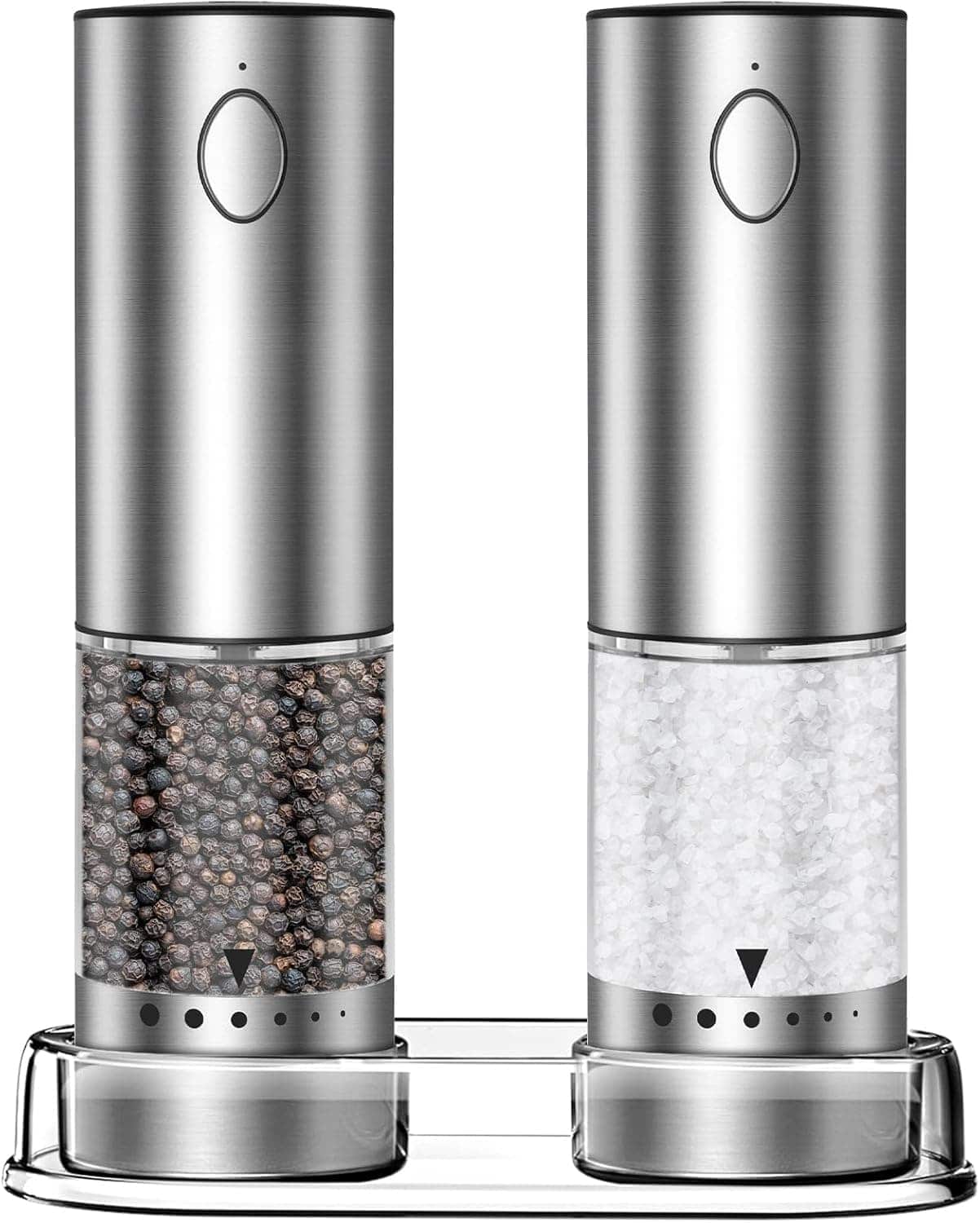 FINEAK - Rechargeable Stainless Steel Electric Salt and Pepper Grinder Set with LED Lights - Silver