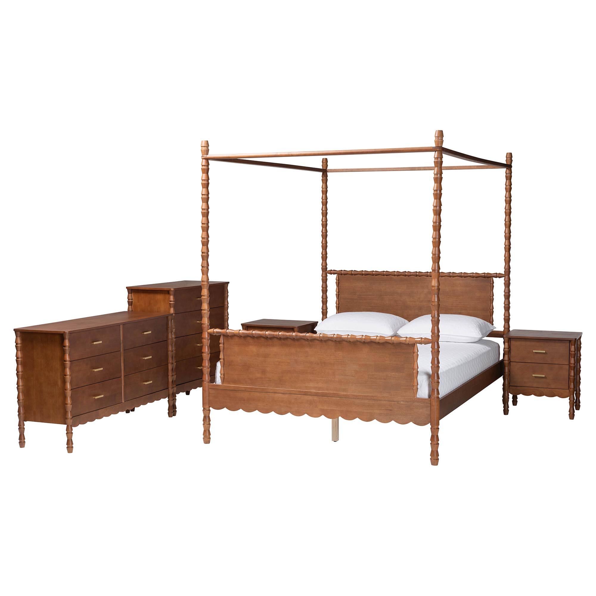 Front. Baxton Studio - Danette Bobbin Wood 5-Piece Canopy Bedroom Set, Queen - Walnut Brown.