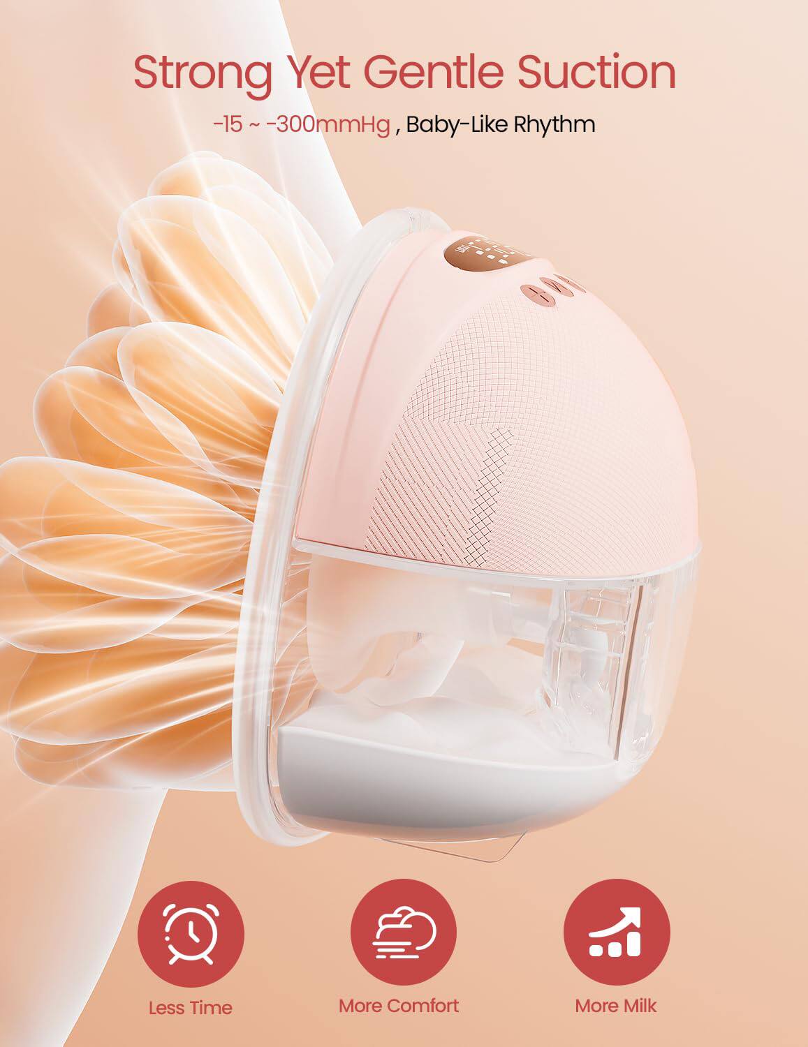 Strong Yet Gentle Suction  
-15 ~ -300mmHg, Baby-Like Rhythm  

Less Time  
More Comfort  
More Milk
