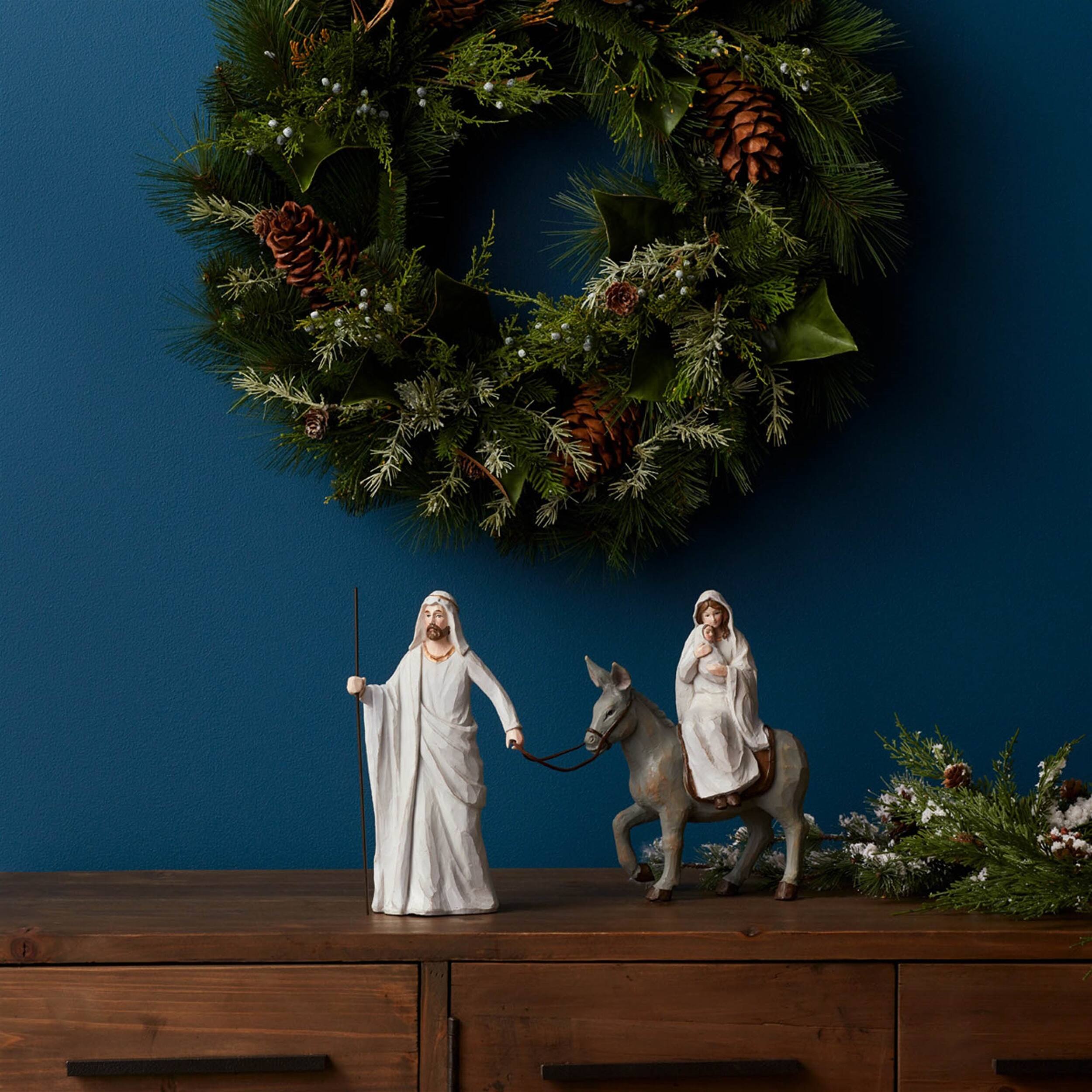 Angle. BreeBe - Holiday Family with Donkey and Baby Figurine 11"H - White, Grey, Brown.