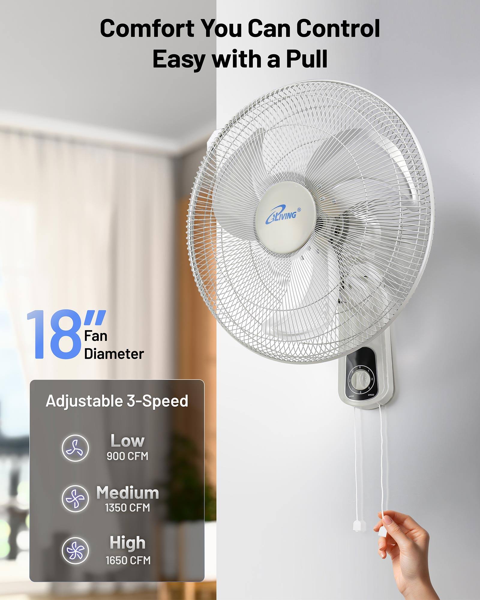 Comfort You Can Control Easy with a Pull

18" Fan Diameter

Adjustable 3-Speed

Low 900 CFM

Medium 1350 CFM

High 1650 CFM