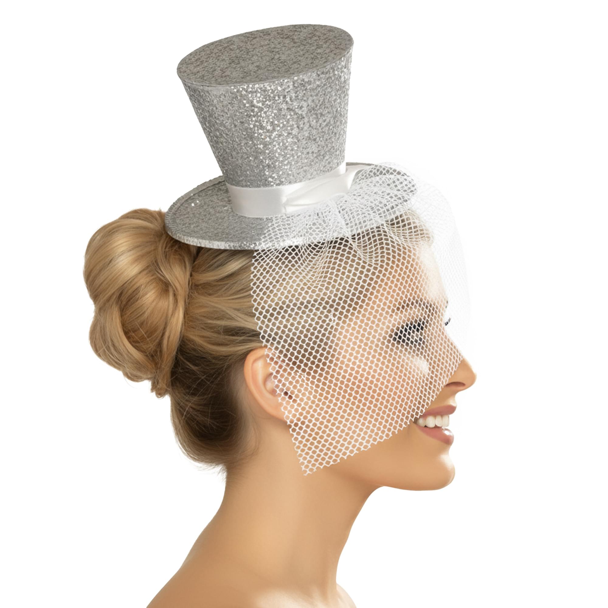 Alt View 1. Smiffys - Silver Glitter Mini Top Hat Headband Costume Accessory - Silver.