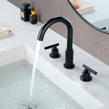 Front. Boyel Living - 8 in Widespread Double Handle 1.2 GPM Bathroom Faucet with Quick Connect Hose and Pop Up Drain in Matte Black - Matte Black.