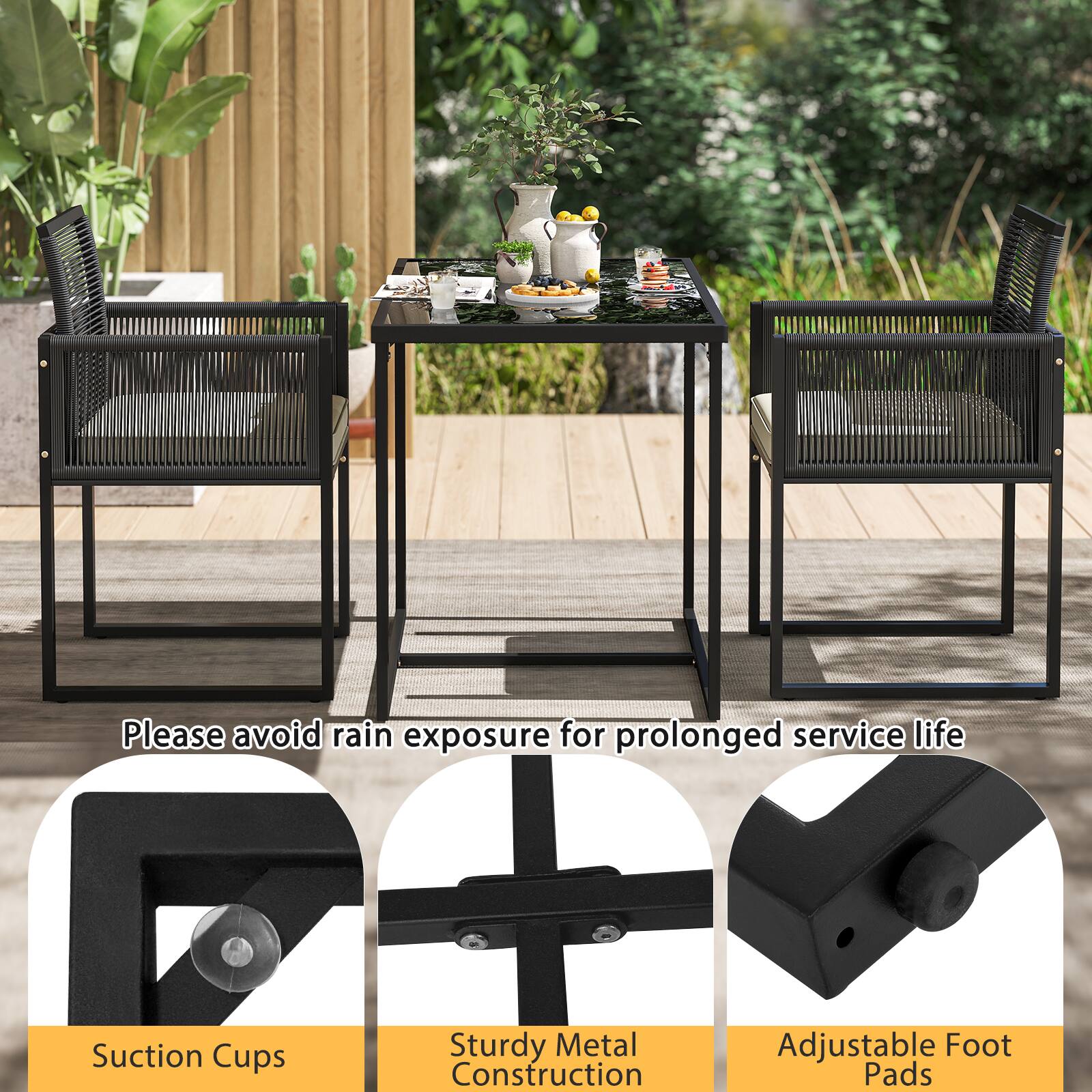 The image features a table and chairs set up outside, with a sign that says "Please avoid rain exposure for prolonged service life." The table is accompanied by two chairs, one on the left and one on the right. There are also two potted plants in the scene, one on the left side and another on the right side. The arrangement of the table and chairs suggests that it is a patio set, designed for outdoor use.