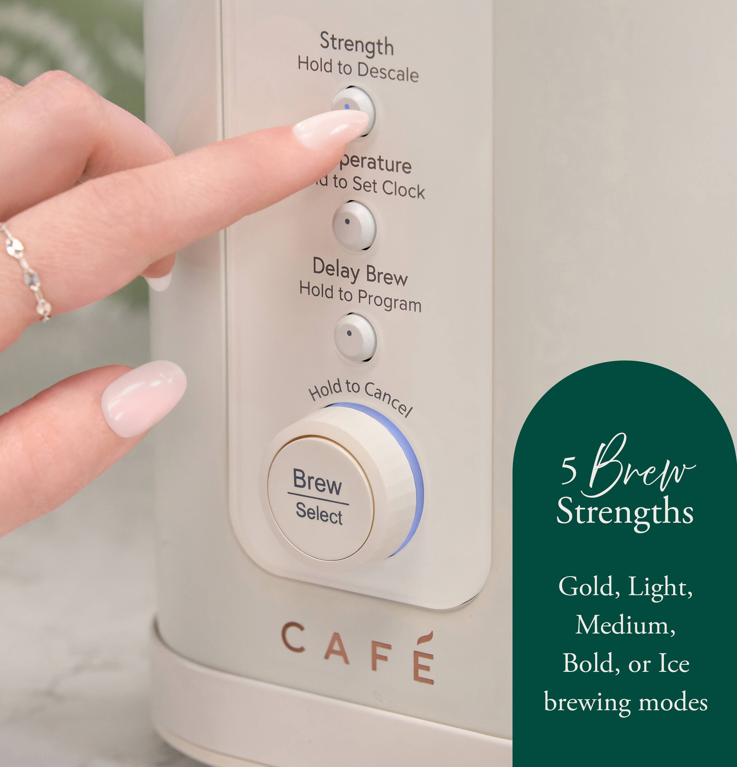 Strength Hold to Descale  
Temperature Hold to Set Clock  
Delay Brew Hold to Program  
Hold to Cancel  
Brew Select  

5 Brew Strengths  
Gold, Light, Medium, Bold, or Ice brewing modes