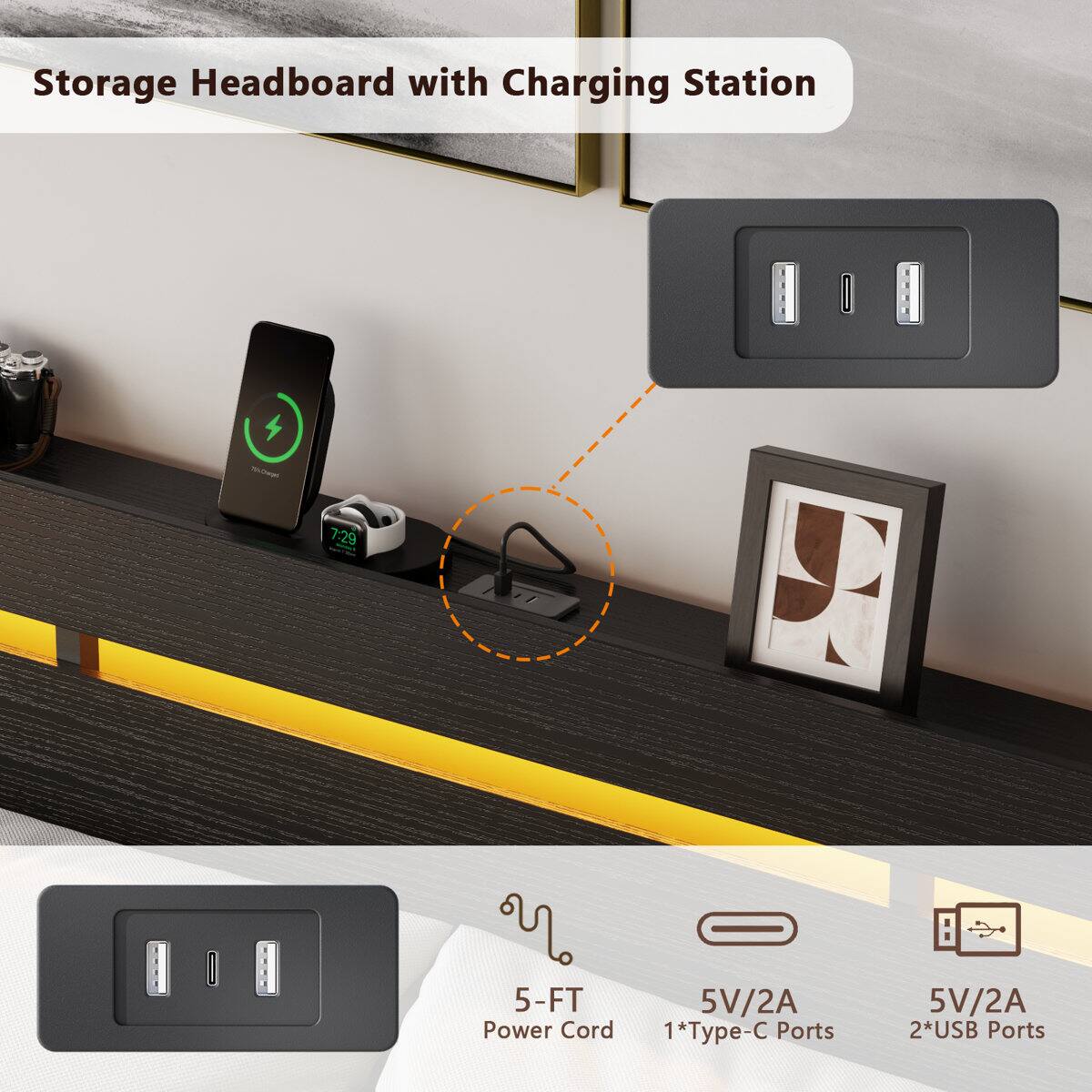 Storage Headboard with Charging Station

- 5-FT Power Cord
- 5V/2A 1*Type-C Ports
- 5V/2A 2*USB Ports
