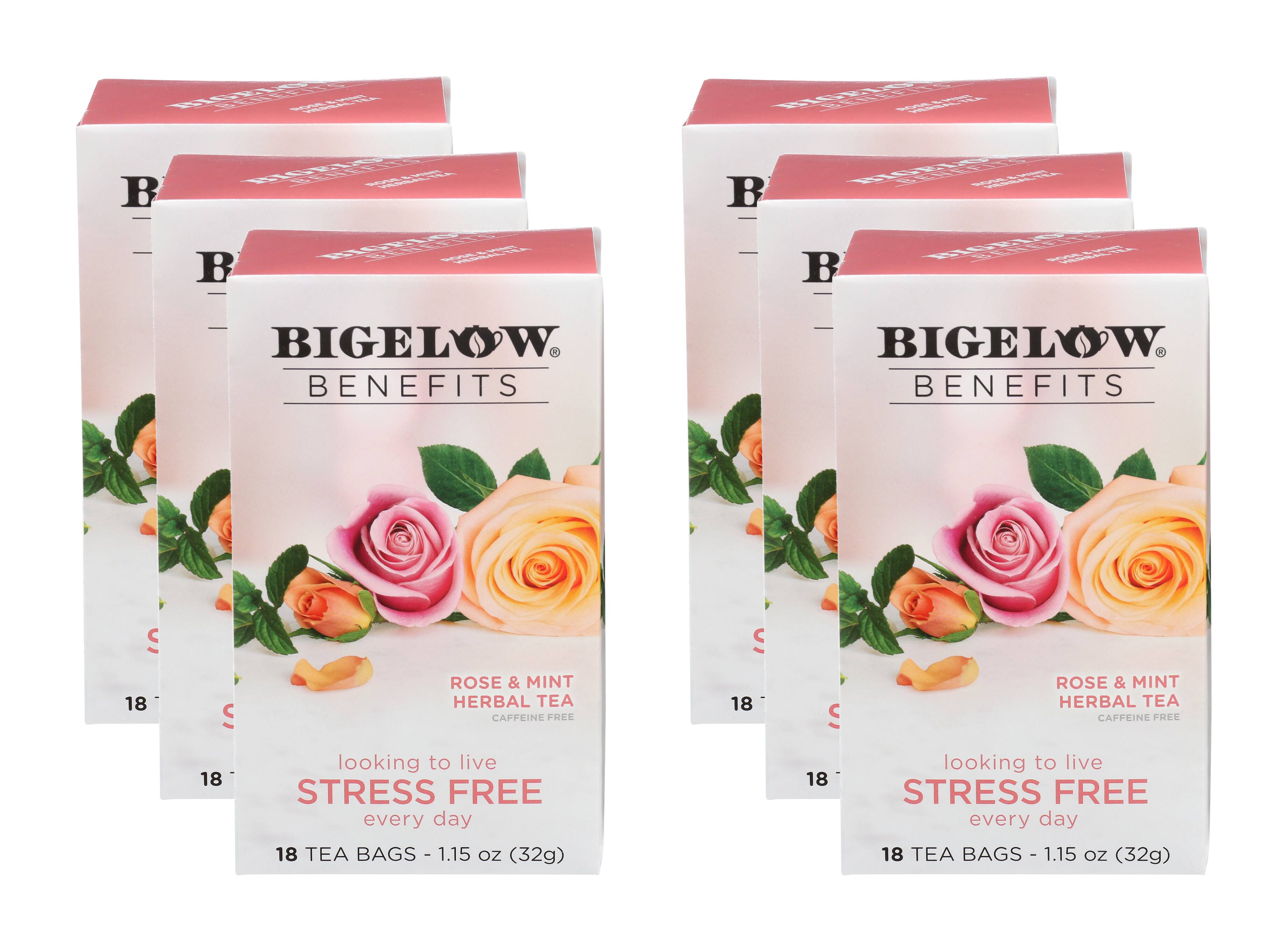BIGELOW BENEFITS  
ROSE & MINT HERBAL TEA  
CAFFEINE FREE  

looking to live STRESS FREE every day  

18 TEA BAGS - 1.15 oz (32g)