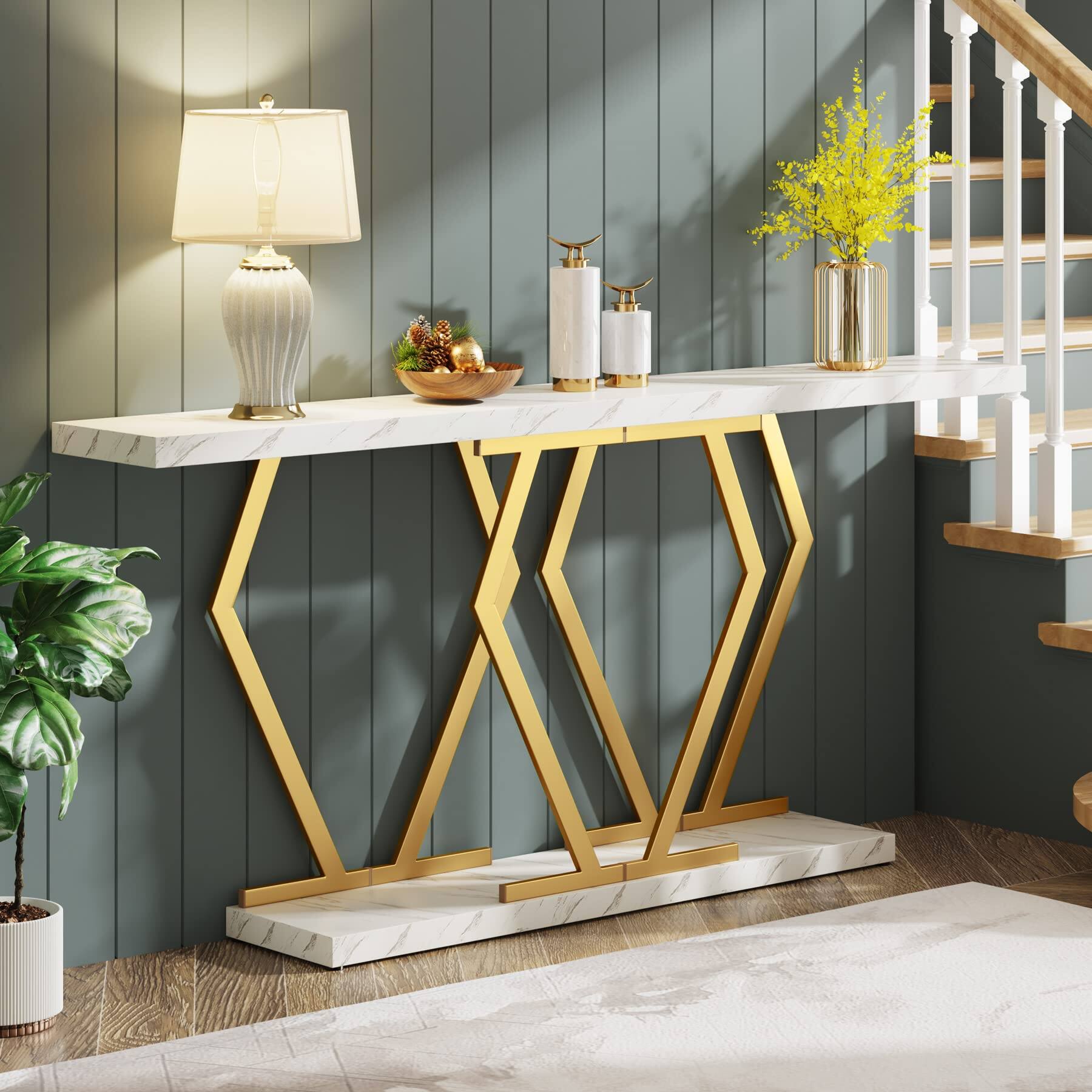 Tribesigns 70.9 Inch Extra Long Sofa Table， White and Gold Console ...