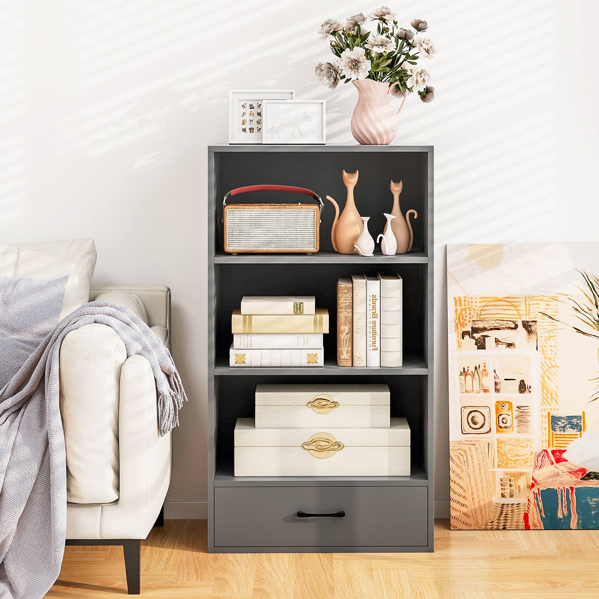 Alt View 1. Costway - Costway 42" Tall 4-tier Storage Shelf Wood Bookcase with Drawer Home Organizer Display Rack - Grey.