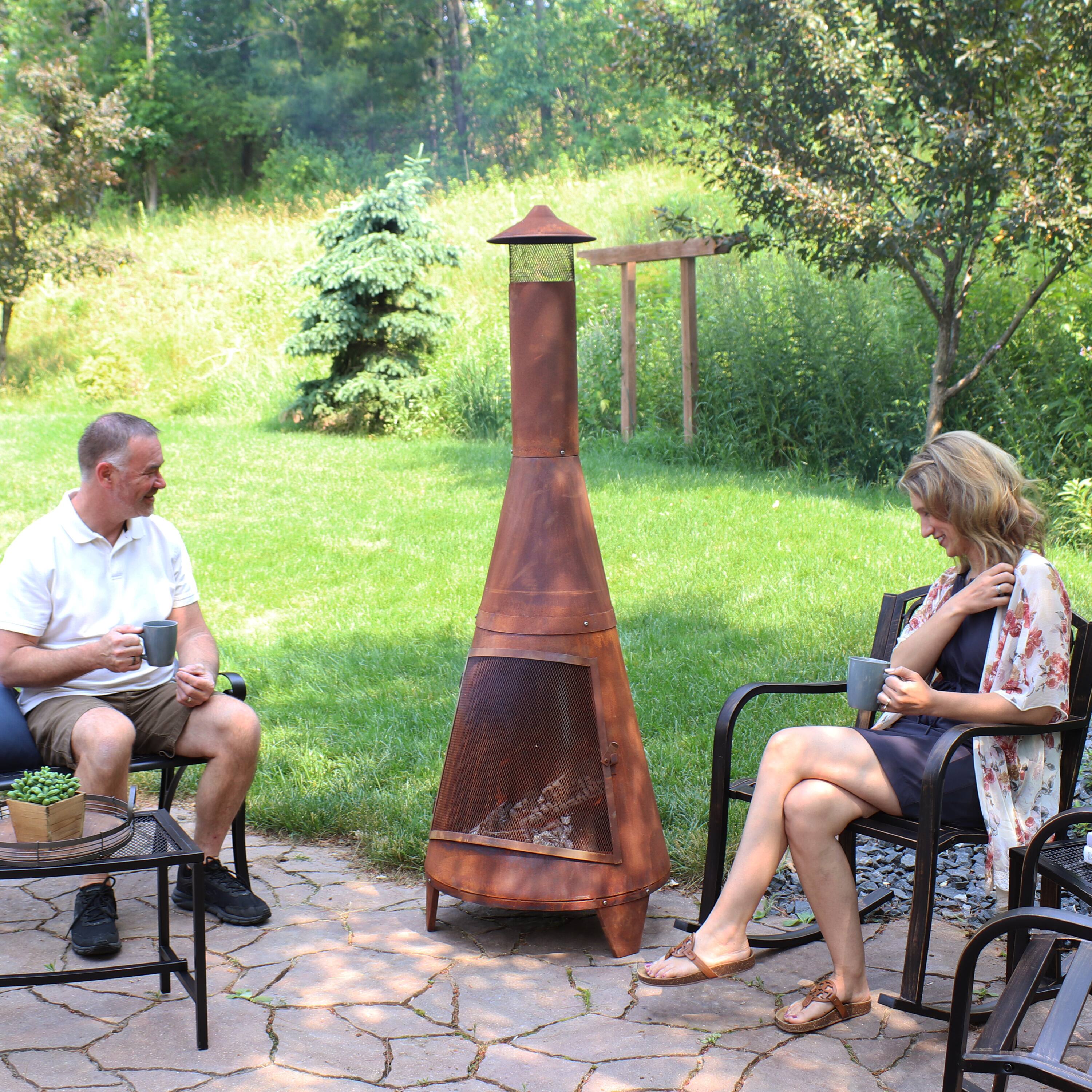 Alt View 7. Sunnydaze - 70 in Steel Wood Burning Chiminea Fire Pit with Rain Cap - Rustic - Dark Orange.