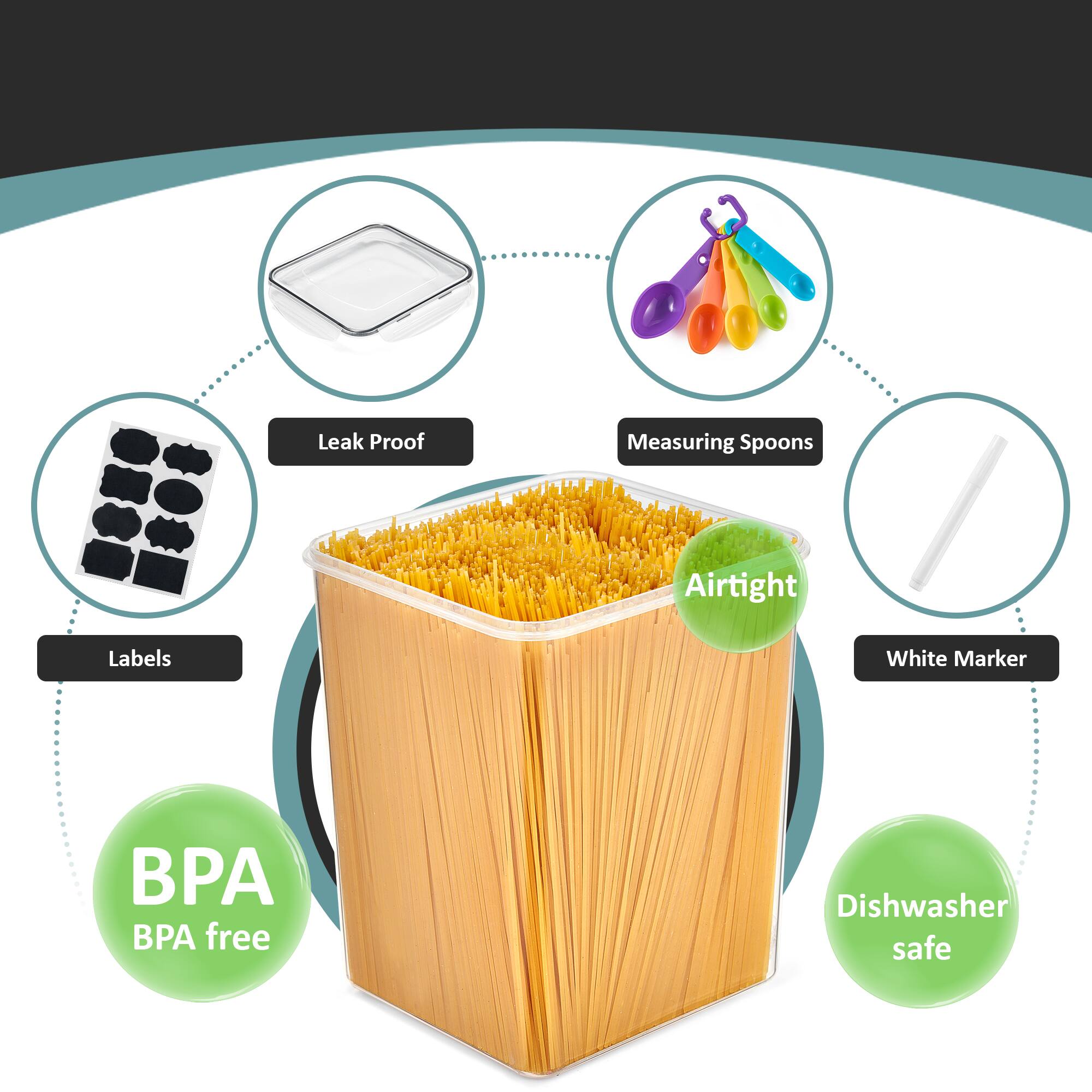 - Leak Proof
- Airtight
- BPA free
- Dishwasher safe
- Labels
- White Marker
- Measuring Spoons