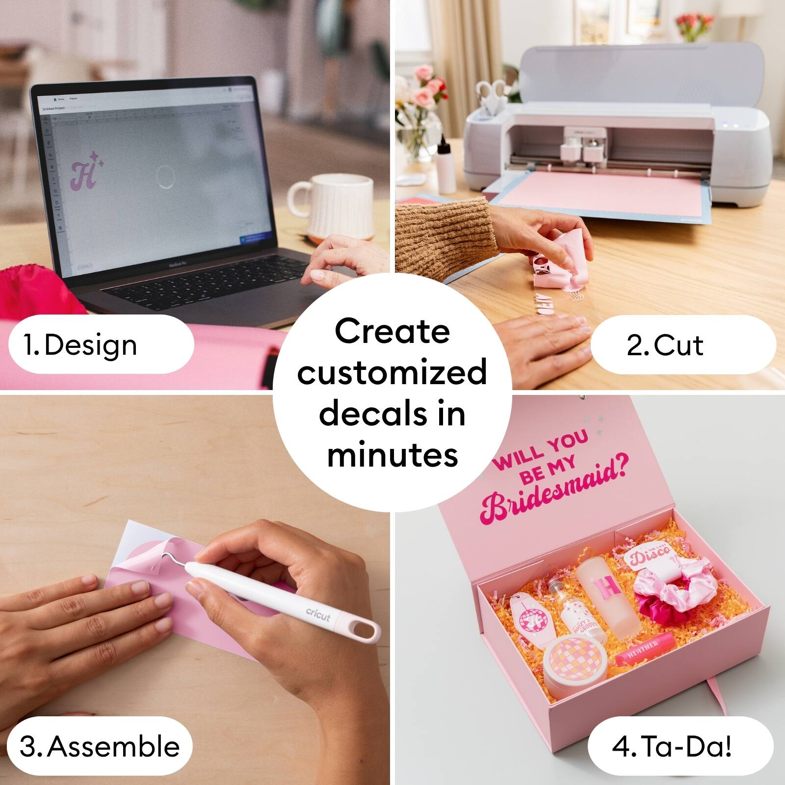 1. Design  
2. Cut customized decals in minutes  
3. Assemble  
4. Ta-Da!  

Create customized decals in minutes
