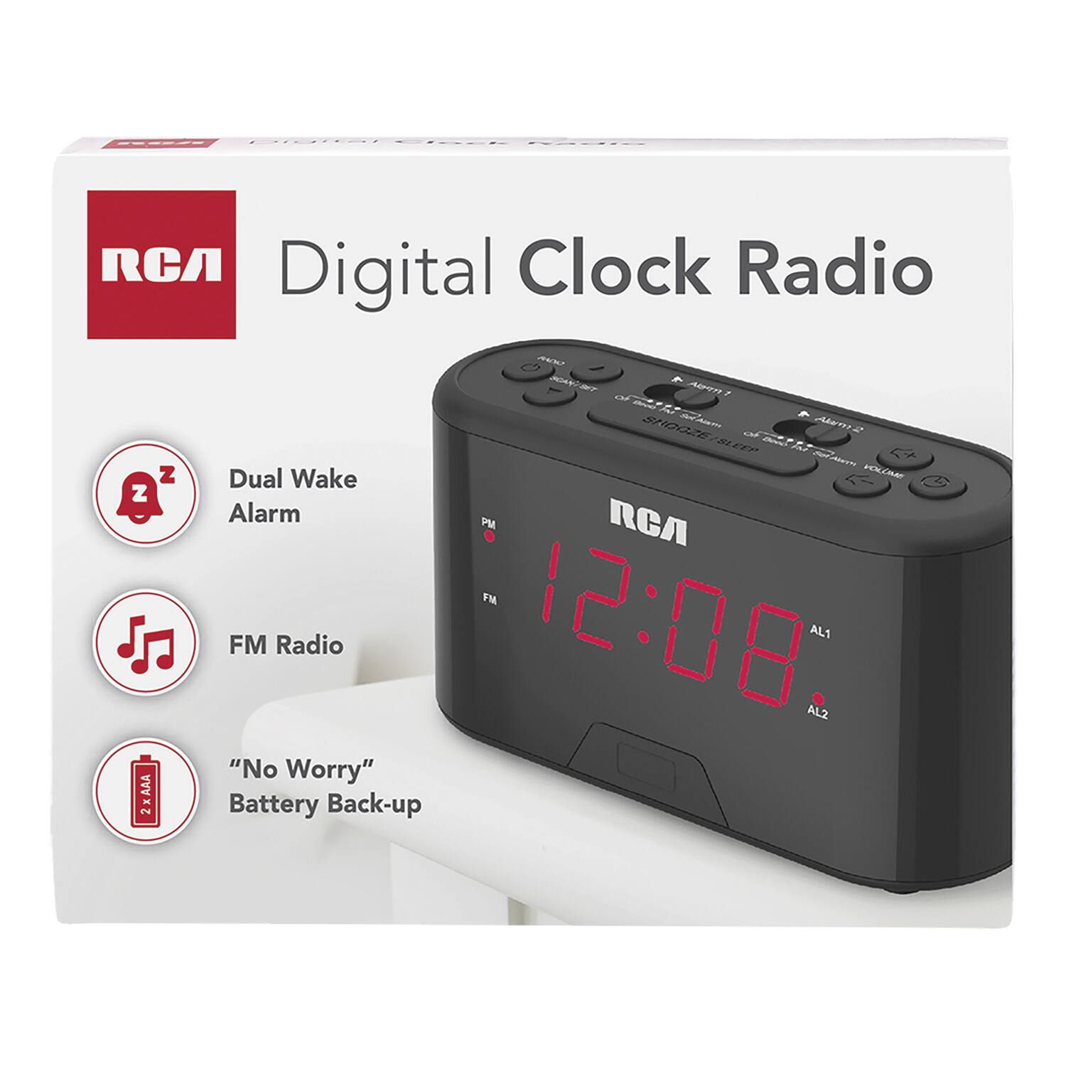 10.10 RCA Digital Clock Radio AES HoANT A cnd Ai Tn A SHOOZE SA 3a SLEES n z Dual Wake HOCCHA Z Alarm PM RCA FM FM Radio 12:08 AL2 AL1 "No Worry" AAA - Battery Back-up