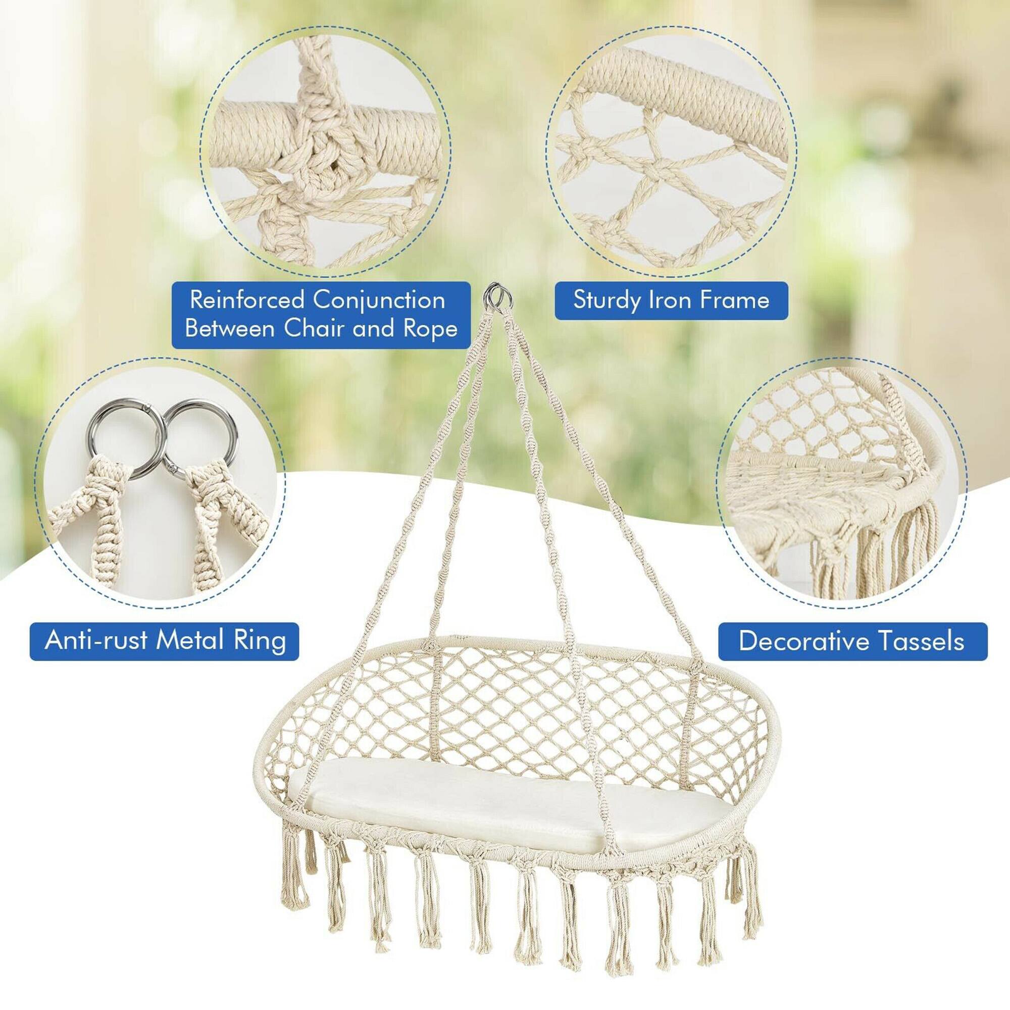 Reinforced Conjunction Between Chair and Rope  
Sturdy Iron Frame  
Anti-rust Metal Ring  
Decorative Tassels