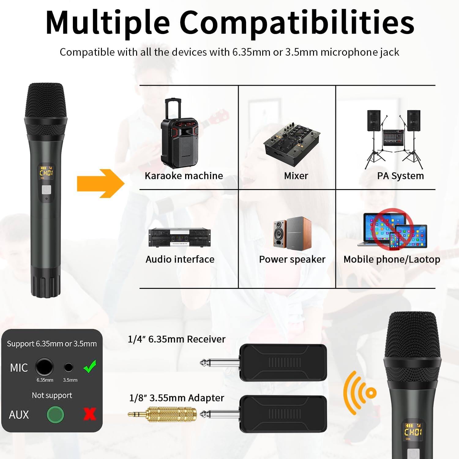 Multiple Compatibilities

Compatible with all the devices with 6.35mm or 3.5mm microphone jack

- Karaoke machine
- Mixer
- PA System
- Audio interface
- Power speaker
- Mobile phone/Laotop

Support 6.35mm or 3.5mm

MIC
- 6.35mm
- 3.5mm
Not support

AUX

1/4" 6.35mm Receiver

1/8" 3.55mm Adapter