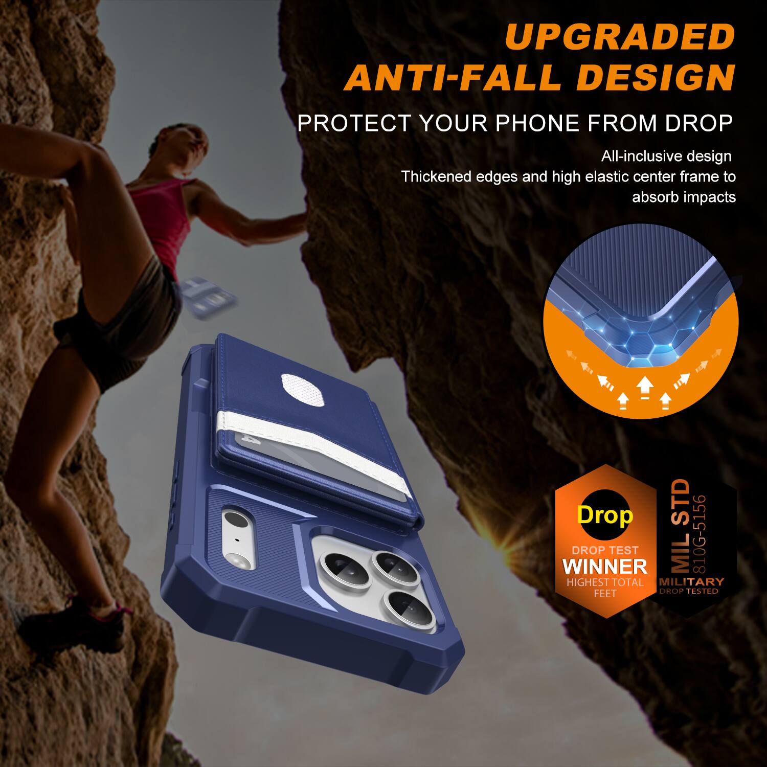 UPGRADED ANTI-FALL DESIGN  
PROTECT YOUR PHONE FROM DROP  

All-inclusive design  
Thickened edges and high elastic center frame to absorb impacts  

Drop TEST WINNER  
MIL 810G-5166  
HIGHEST TOTAL MILITARY FEET DROP TESTED