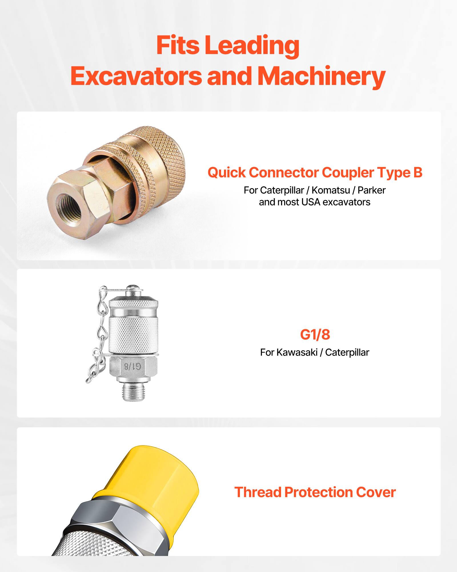 Fits Leading Excavators and Machinery

Quick Connector Coupler Type B  
For Caterpillar / Komatsu / Parker and most USA excavators

G1/8  
For Kawasaki / Caterpillar

Thread Protection Cover
