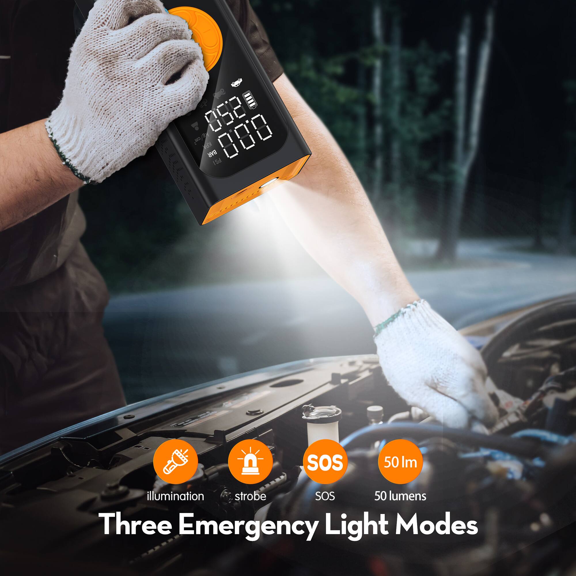 Three Emergency Light Modes

- Illumination
- Strobe
- SOS
- 50 lumens
