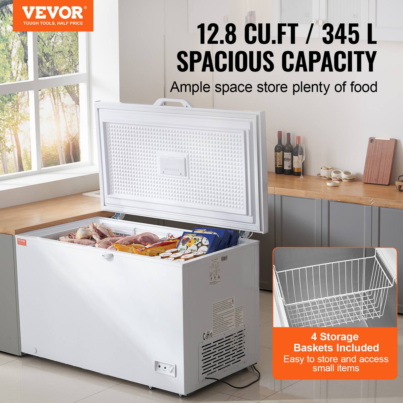 VEVOR  
TOUGH TOOLS, HALF PRICE  

12.8 CU.FT / 345 L  
SPACIOUS CAPACITY  
Ample space store plenty of food  

4 Storage Baskets Included  
Easy to store and access small items