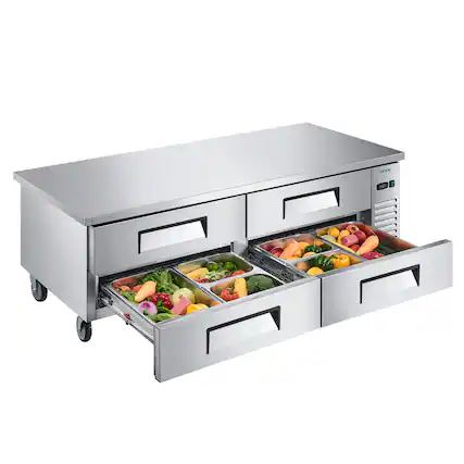 Front. VEVOR - 72" Wide Commercial Chef Base Refrigerator, 4-Drawer Stainless Steel Worktop Fridge with 12 Pans - Stainless steel.