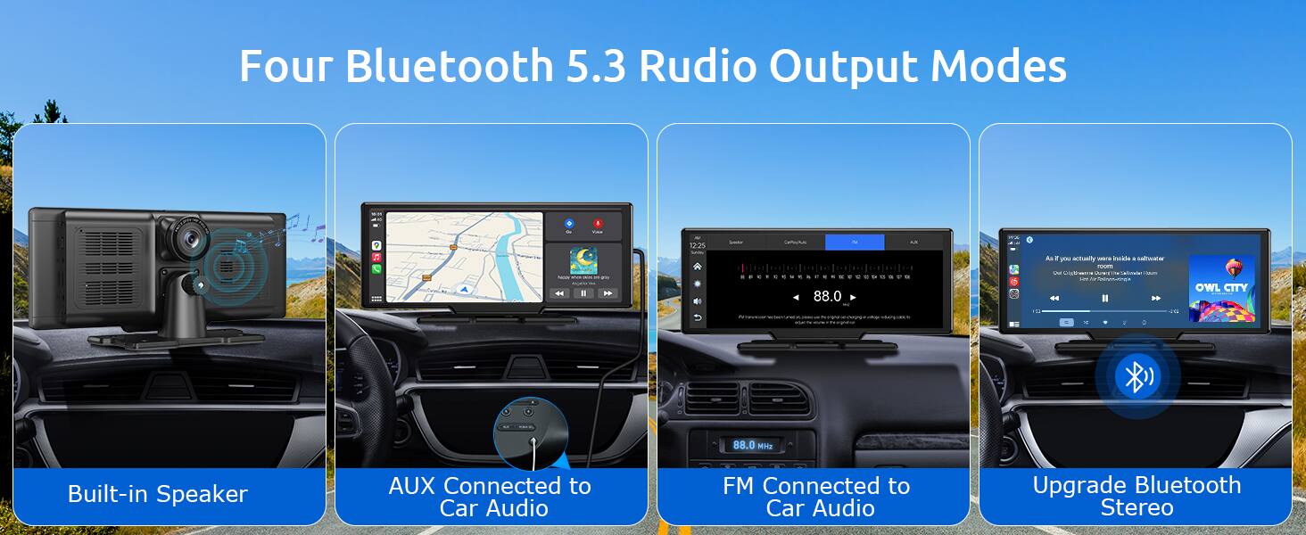 Four Bluetooth 5.3 Radio Output Modes

- Built-in Speaker
- AUX Connected to Car Audio
- FM Connected to Car Audio
- Upgrade Bluetooth Stereo
