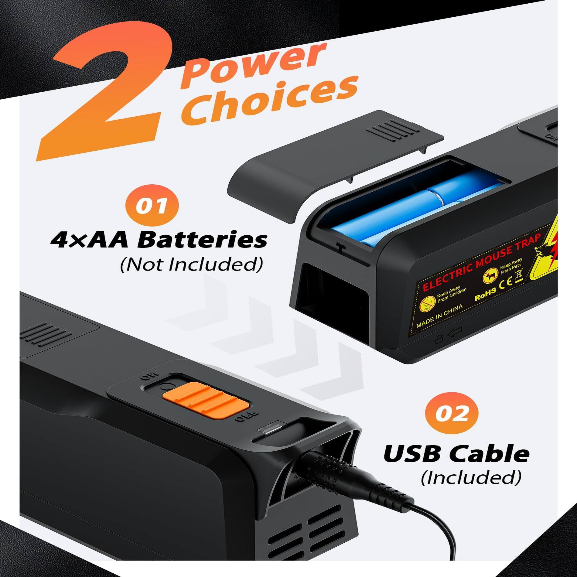 2 Power Choices

01 4x AA Batteries (Not Included)

02 USB Cable (Included)