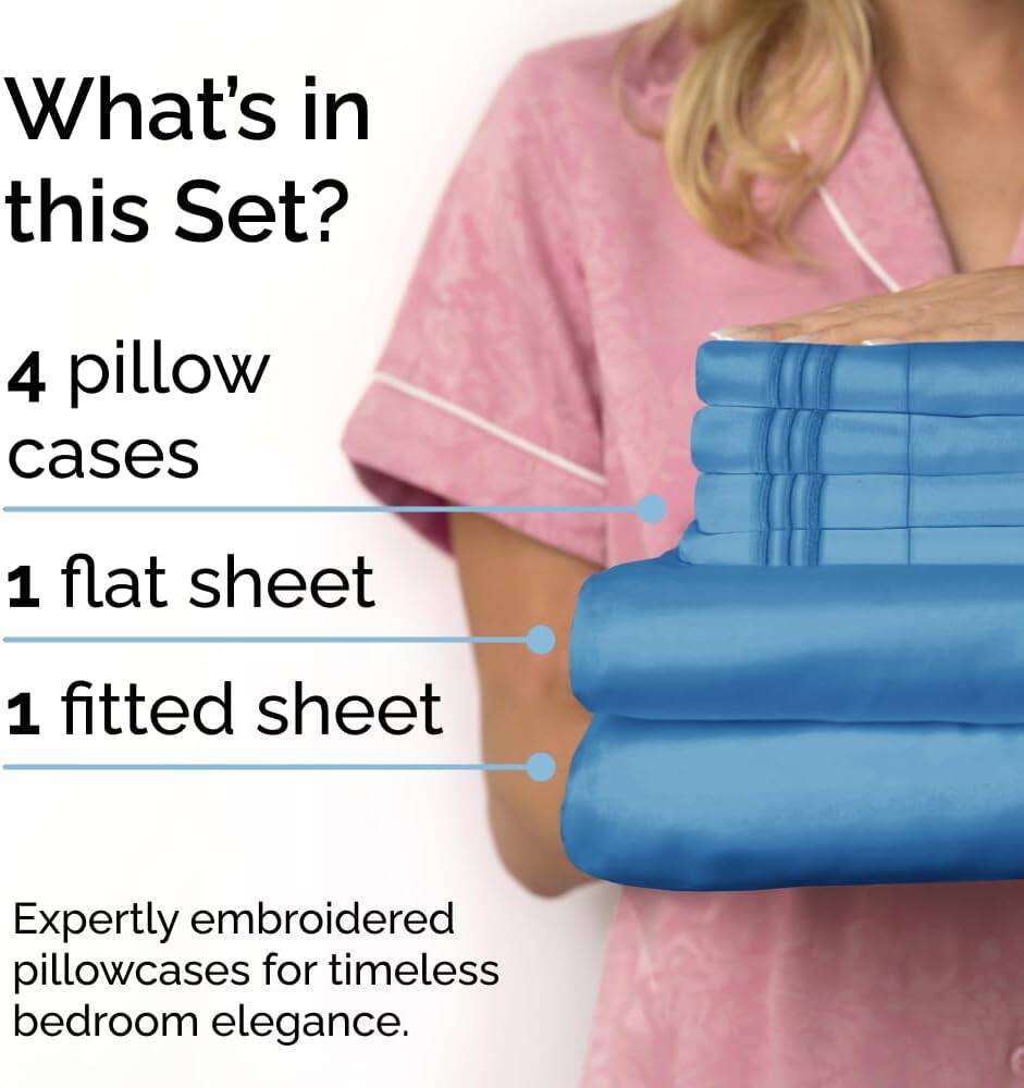 What's in this Set?

- 4 pillow cases
- 1 flat sheet
- 1 fitted sheet

Expertly embroidered pillowcases for timeless bedroom elegance.