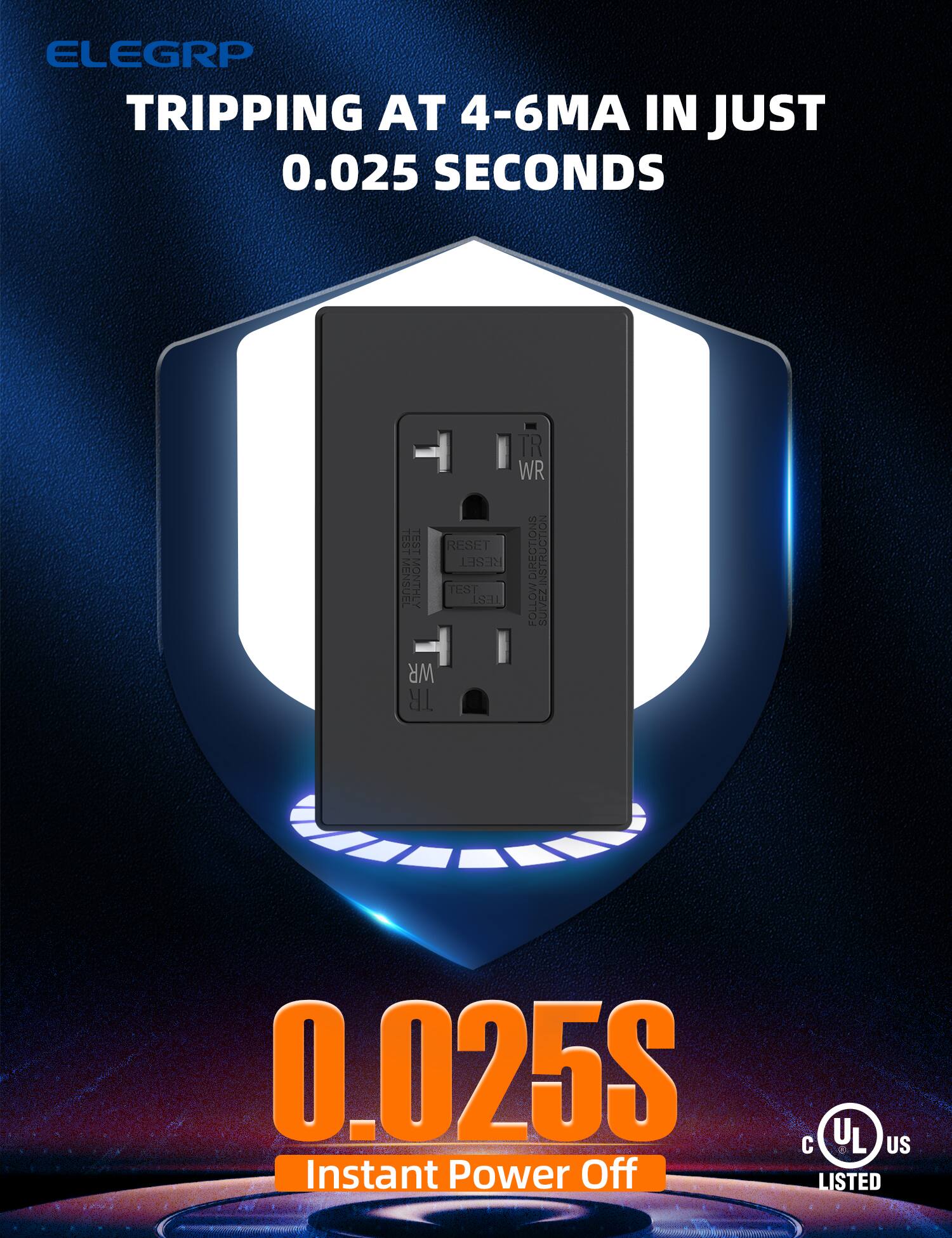 ELEGRP  
TRIPPING AT 4-6MA IN JUST 0.025 SECONDS  

0.025S  
Instant Power Off  

TEST MONTHLY  
FOLLOW DIRECTIONS INSTRUCTION  
RESET  

UL LISTED  
US