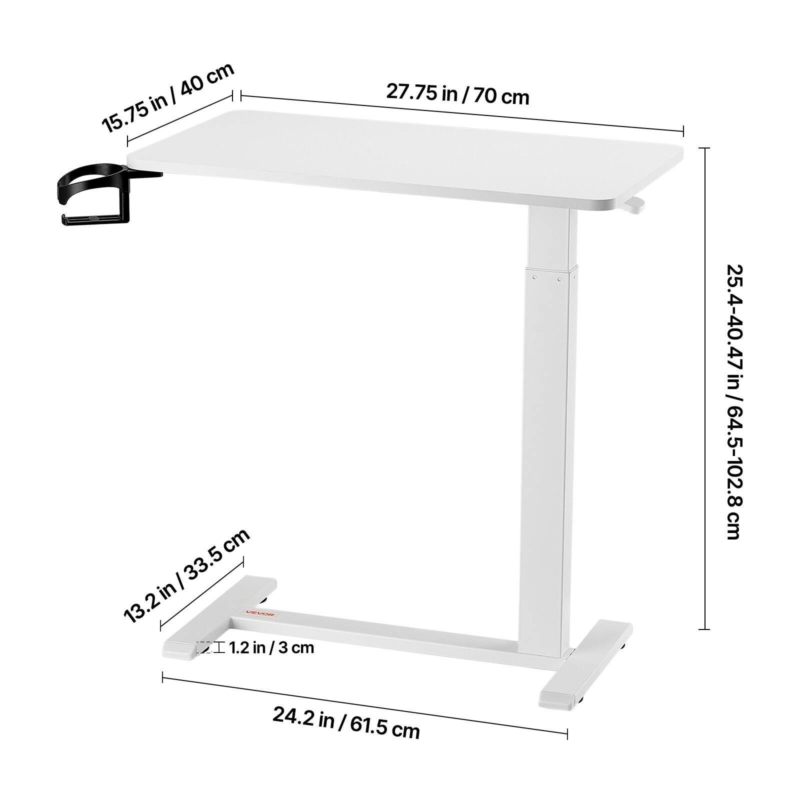 - 15.75 in / 40 cm
- 27.75 in / 70 cm
- 25.4-40.47 in / 64.5-102.8 cm
- 13.2 in / 33.5 cm
- 1.2 in / 3 cm
- 24.2 in / 61.5 cm