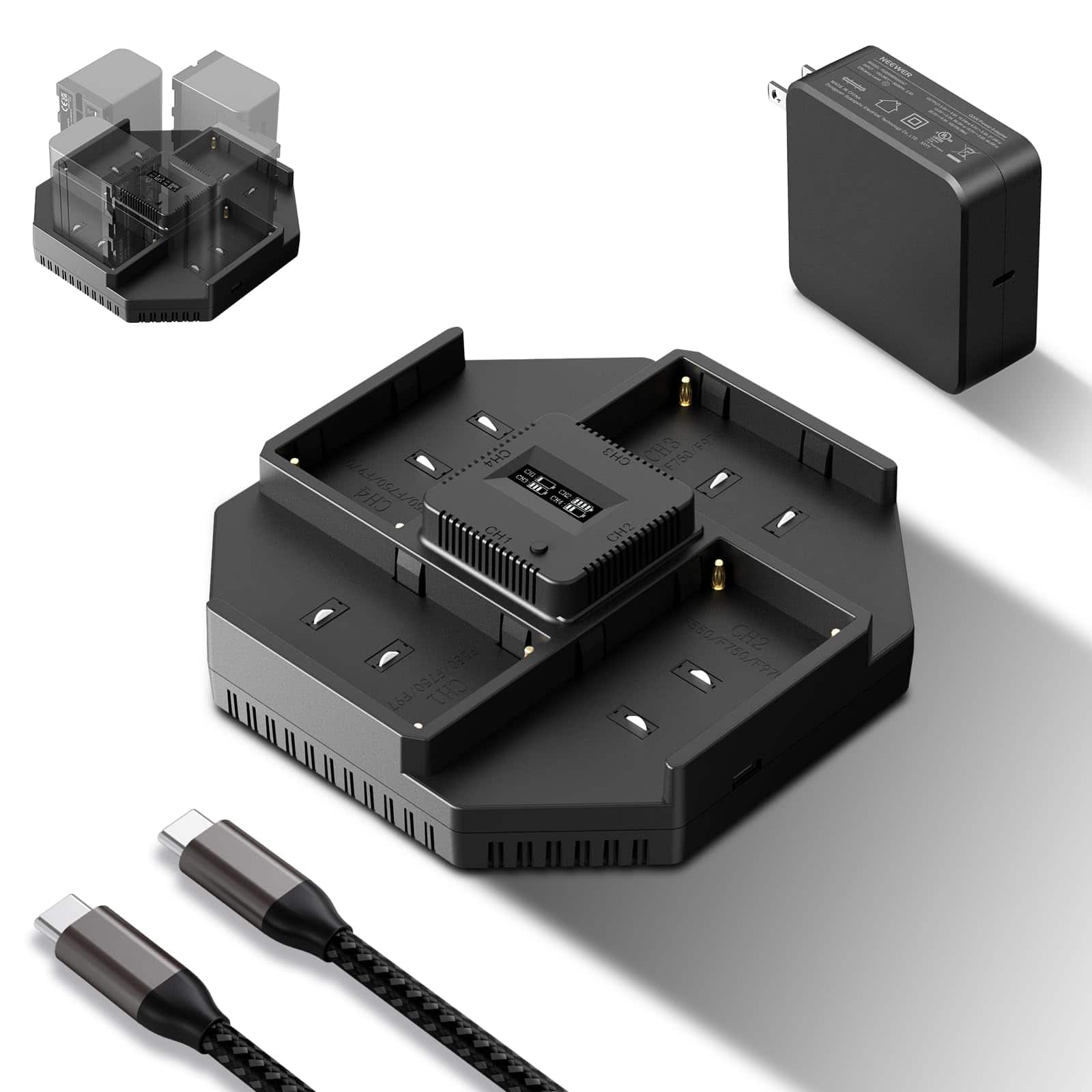 Neewer - 4-Channel NPF Battery Charger, 100W PD GaN, OLED Display, NW-F4 - Black