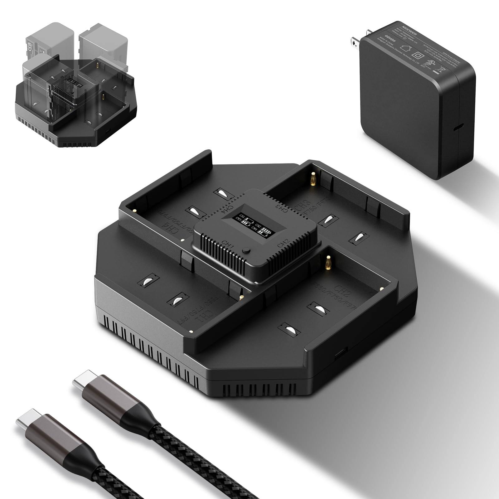 Neewer - 4-Channel NPF Battery Charger, 100W PD GaN, OLED Display, NW-F4 - Black