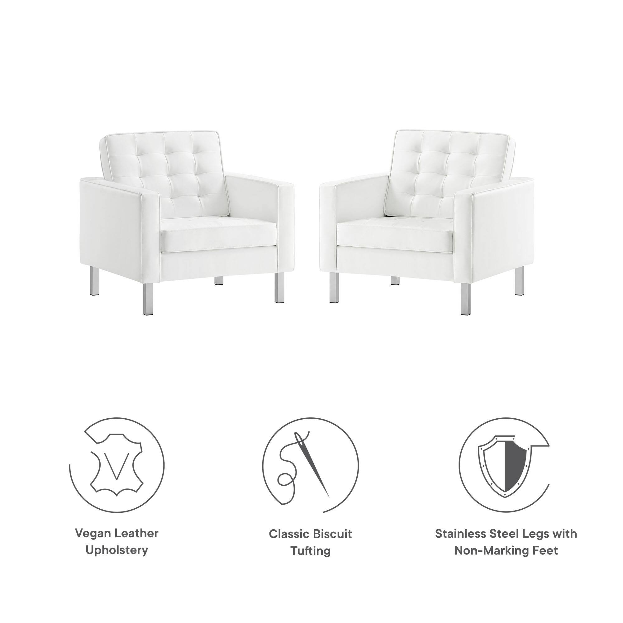 Vegan Leather Upholstery  
Classic Biscuit Tufting  
Stainless Steel Legs with Non-Marking Feet