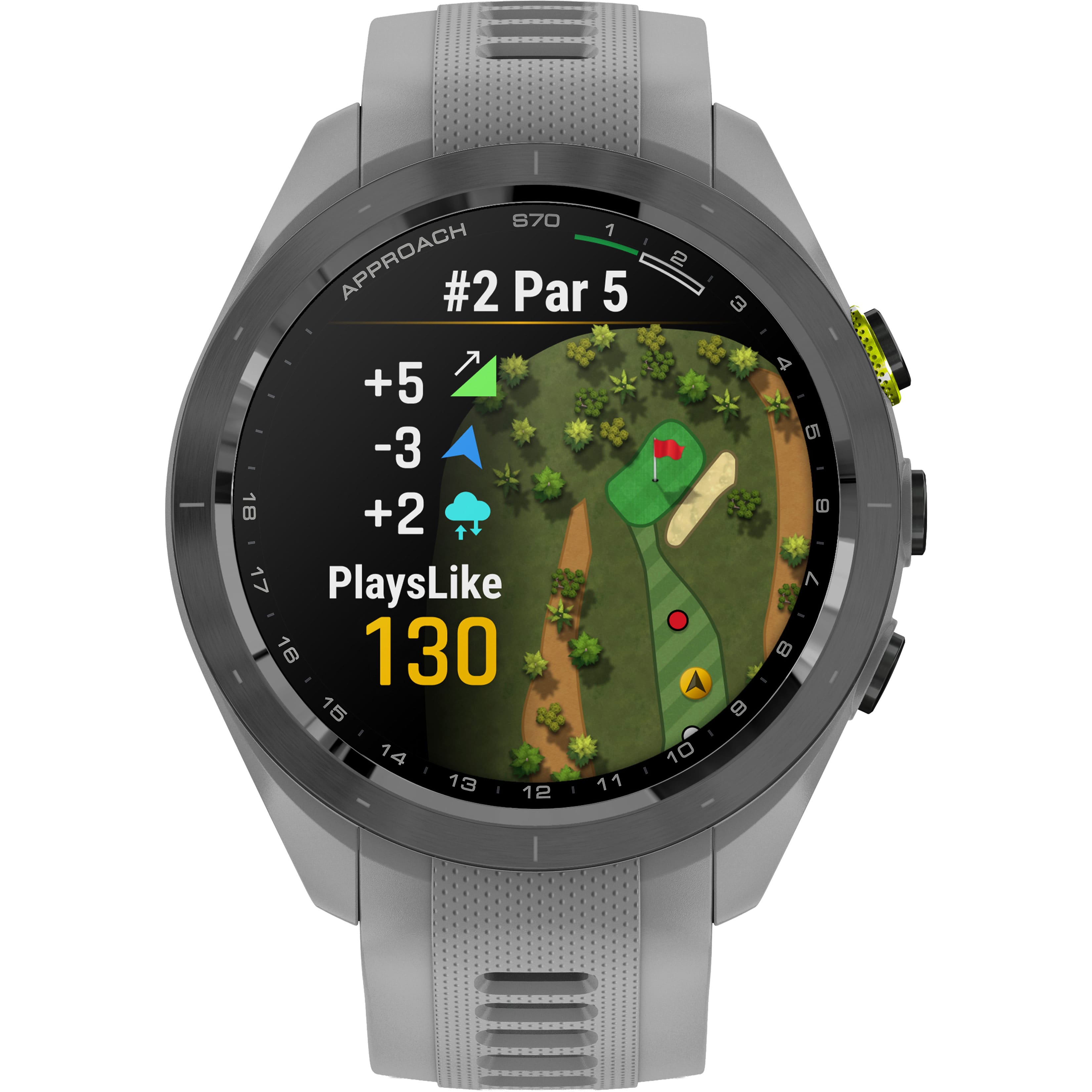 The text on the image reads: "Approach 112 N #2 Par 5 3 314 4 +5 - 0I -3 - 18 6 +2 I 17 PlaysLike 7 - 16 130 8 A 15 14 10 13 12 - 11."