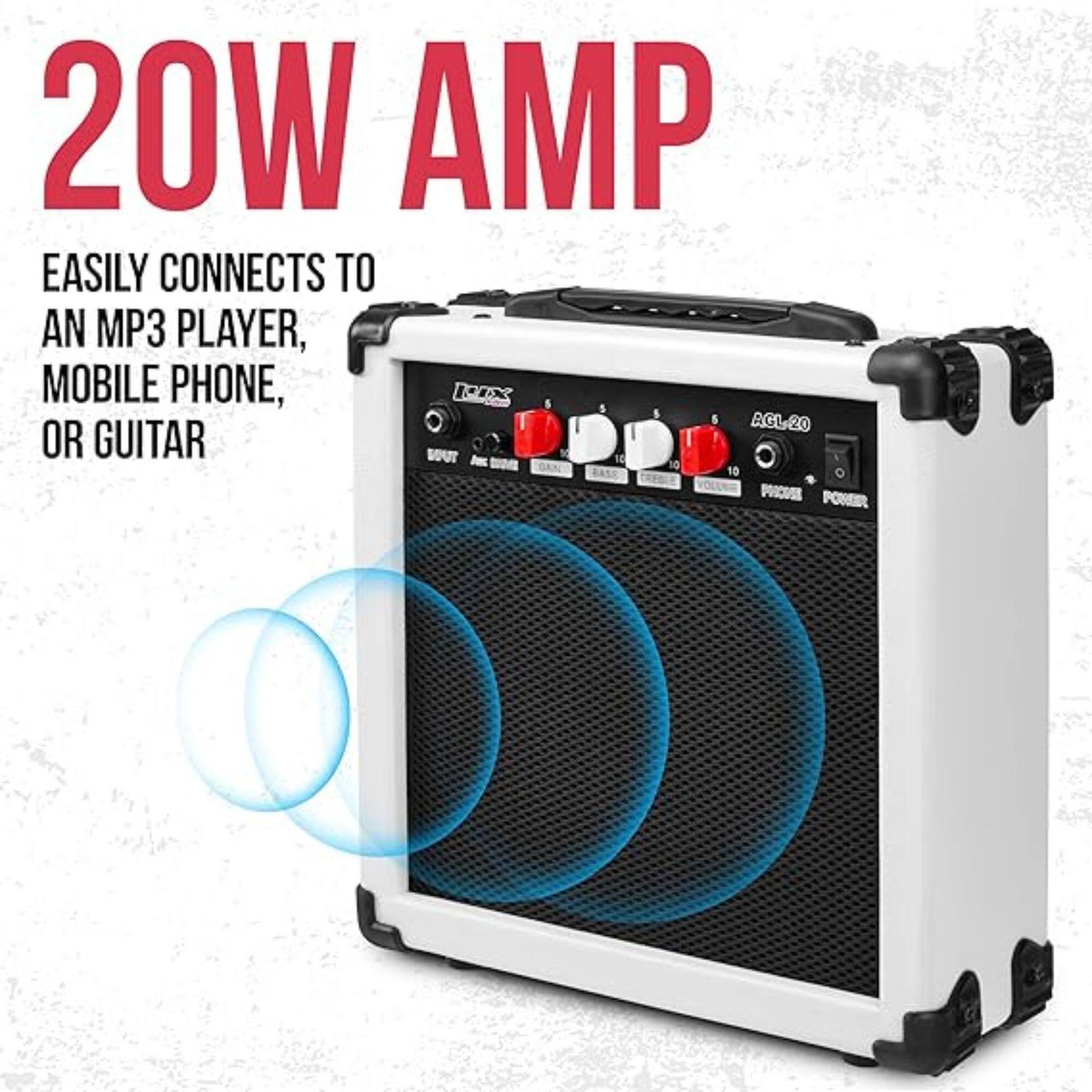 20W AMP EASILY CONNECTS TO AN MP3 PLAYER, MOBILE PHONE, OR GUITAR